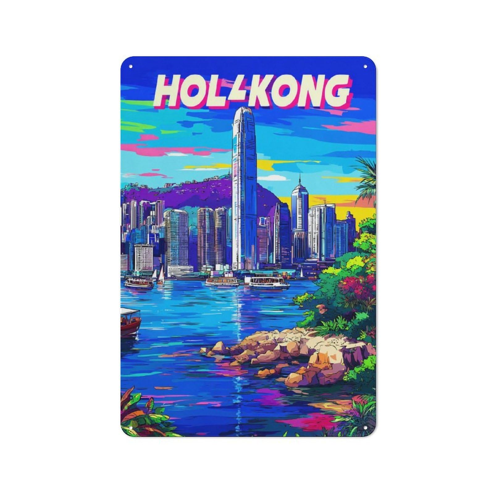 Junmoney Vibrant Hong Kong Cityscape -1 Tin Wall Plaque 30X20cm With For Home Office Or Studio, For Home Office Decor Fans