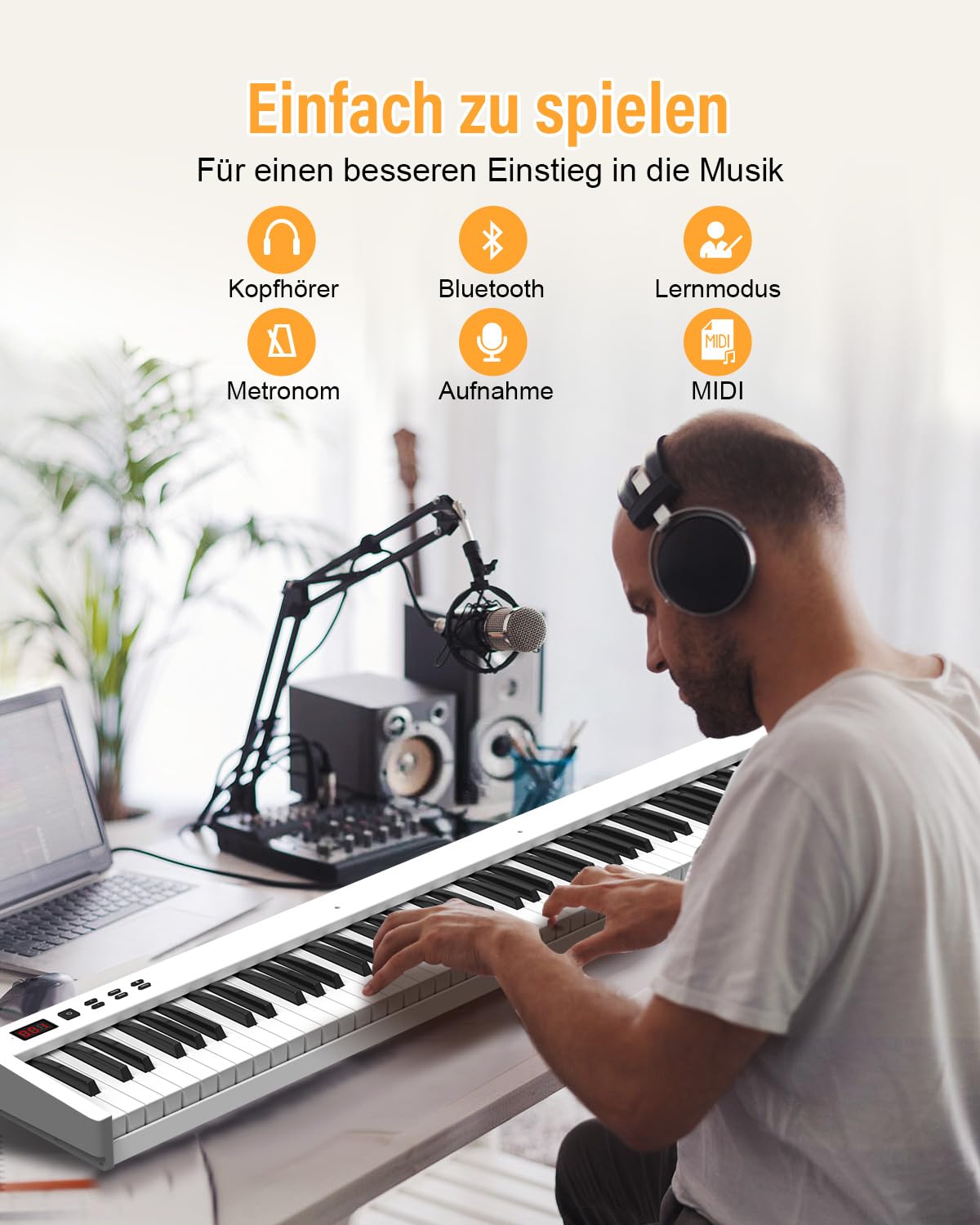 Set tastiera con supporto a 88 tasti E-Piano, compatto e portatile, con custodia per il trasporto, leggio e pedale Sustain, pianoforte bianco, per adulti e bambini