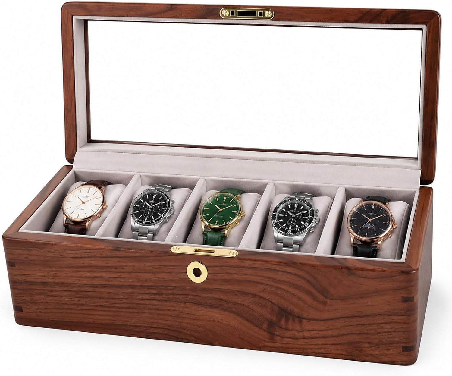 Black Walnut Watch Box - Solid Wood Storage Case for Men’s Wristwatches, Vintage Gift, Elegant and Durable Organizer, Display Holder with Lock(Black Walnut, Five watches with lock)