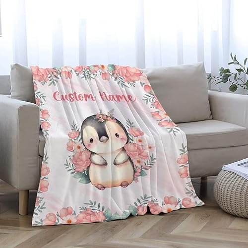 Miniatura 433 de Manta personalizada con diseño de jirafa y elefante, manta de franela suave, acogedora y ligera con nombre para sofá, cama, sofá, regalo, unisex