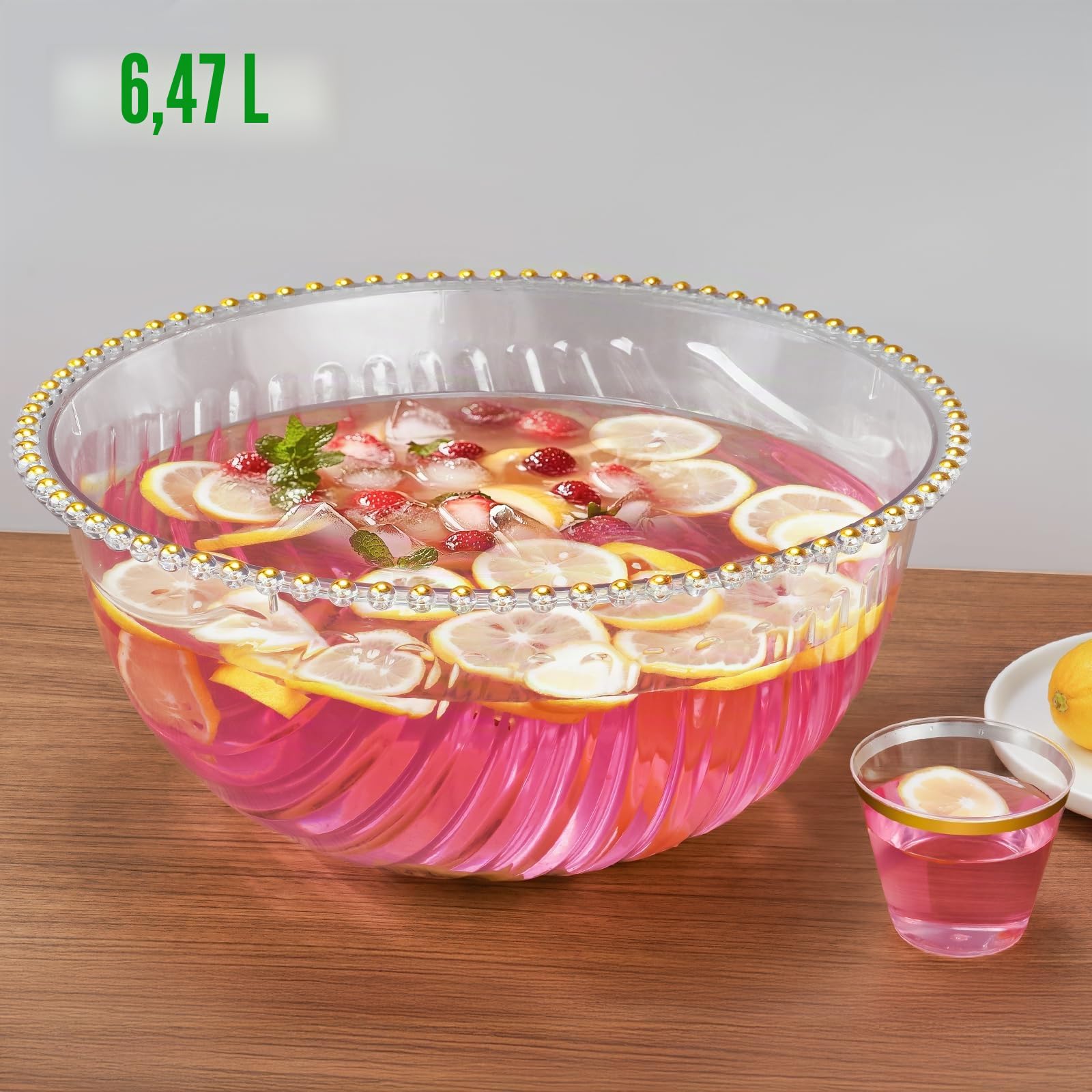 NiHome Ciotola in plastica con mestolo e pinza per feste, matrimoni, grigliate, 5,3 litri, con bordo dorato, trasparente, set completo per cocktail (1 confezione contiene 25 tazze)