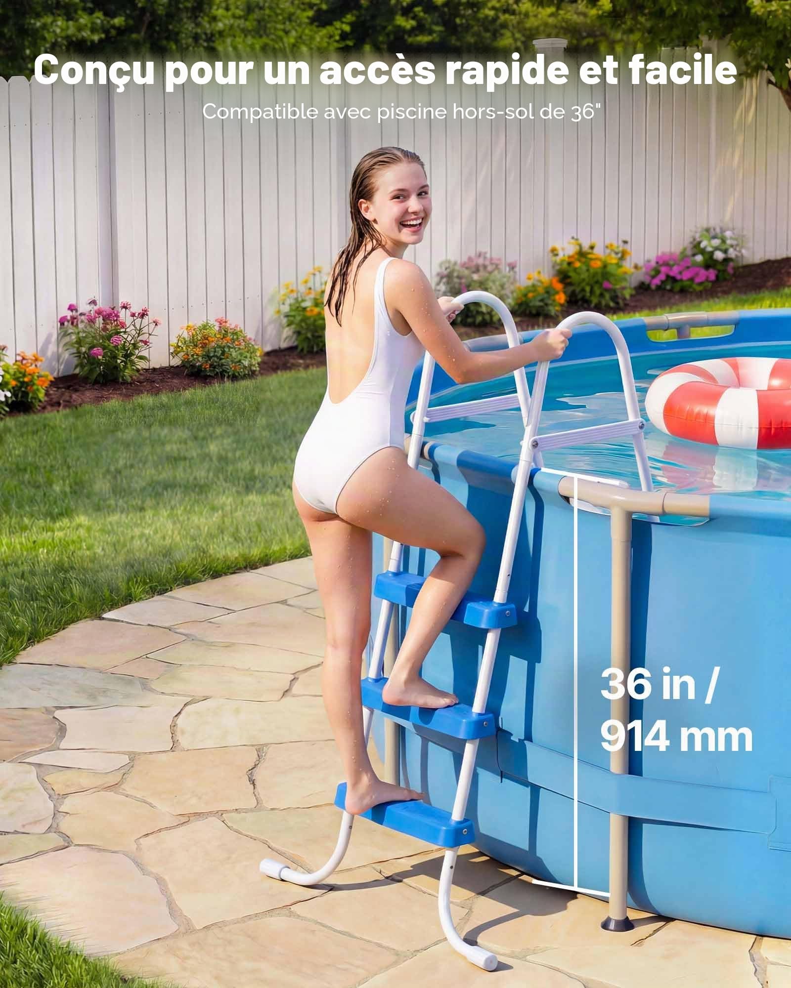VEVOR Échelle de Piscine Hors Sol 91,4 cm Acier Carbone 3 Marches PP Antidérapantes Capacité Charge 136 kg Blanc Bleu