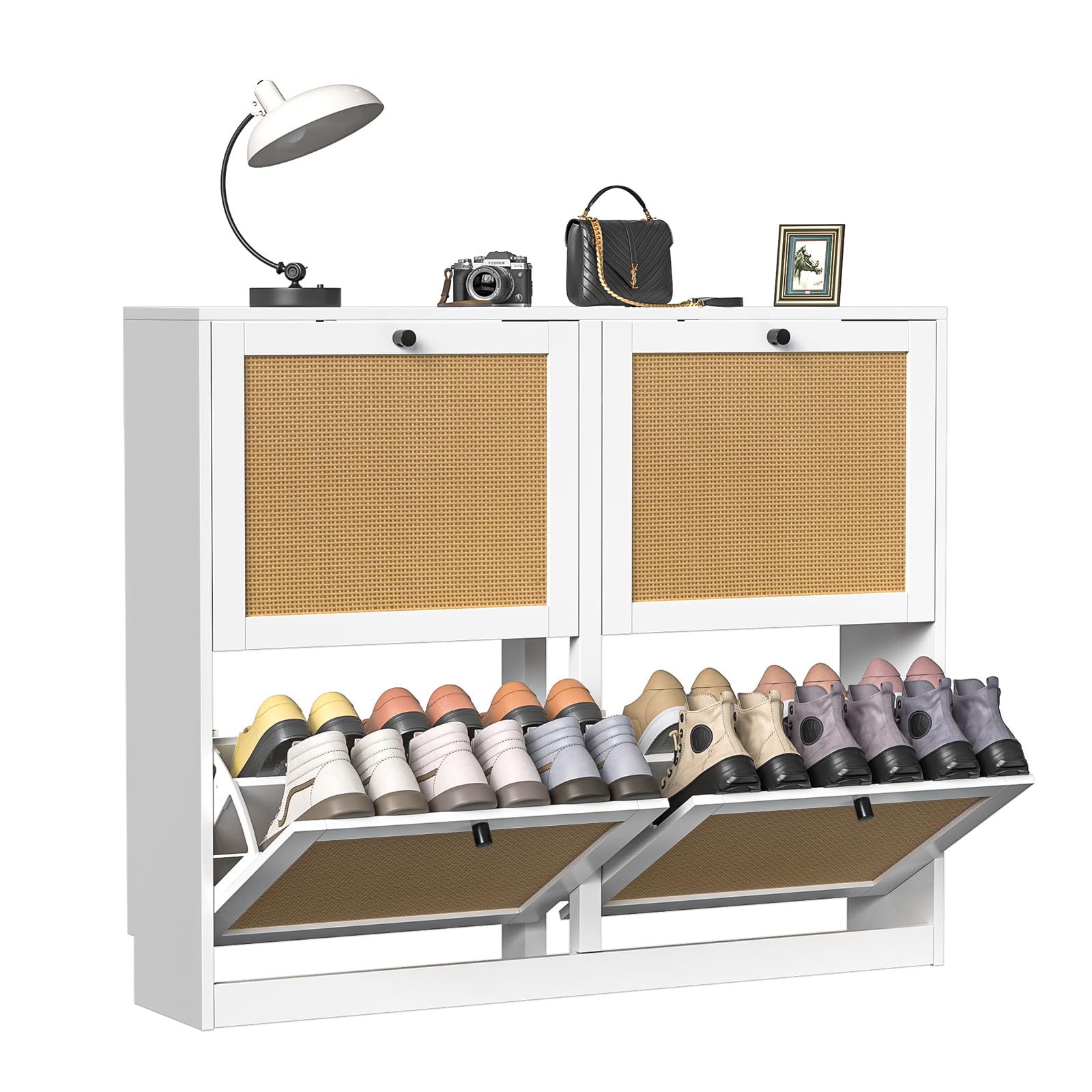 Mueble Zapatero de ratán con 4 Solapas Abatibles y Estantes Ajustables para 16-24 Pares de Zapatos para Pasillo Entrada 120x24x81 cm, Blanco