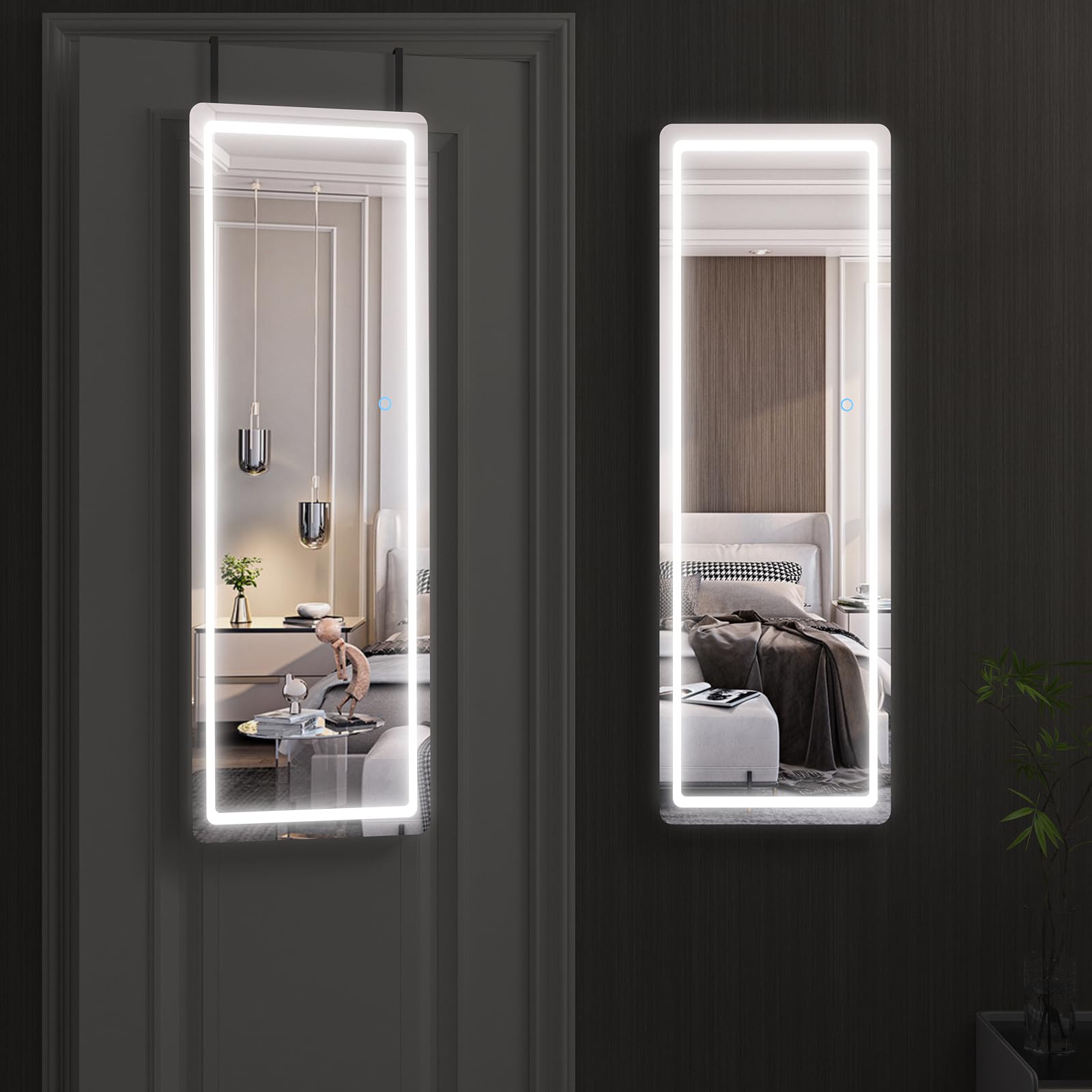 EDTEMI 39"x12" LED Lighted Wall & Door Mount Mirror, Modern Full Body Mirror for Bedroom, Living Room, Locker Room (White Frame)