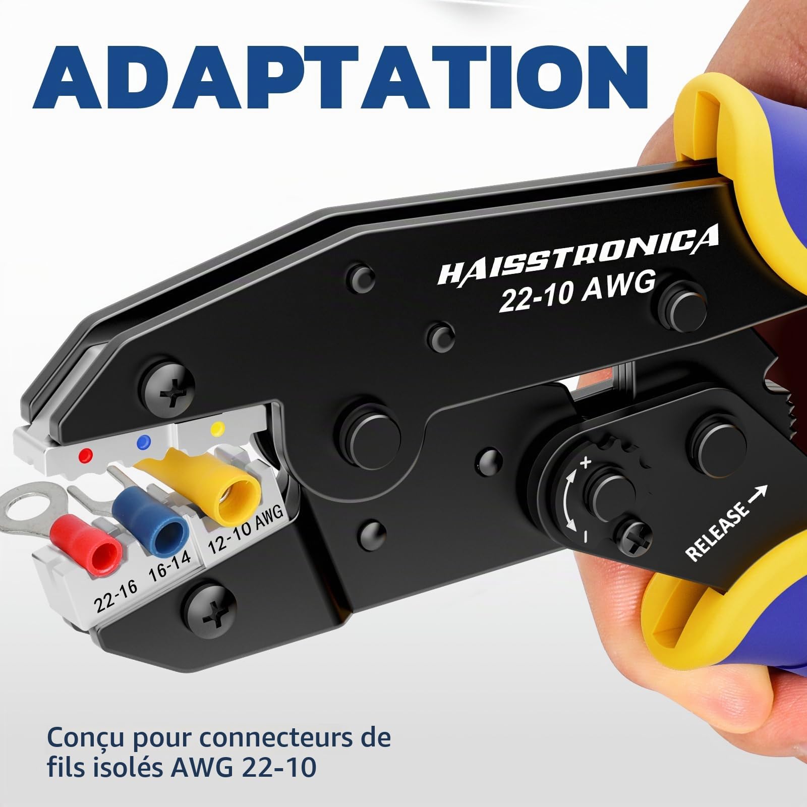 Haisstronica Pince à Sertir pour Cosses Isolées 0,5–6 mm² (AWG22–10), Outil à Cliquet pour Cosses en Anneau Isolées, Connecteurs de Câble et Raccords, Pince à Cosses à Cliquet