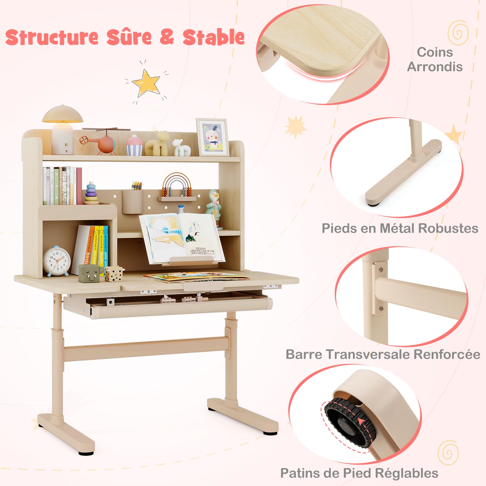 COSTWAY Bureau Enfant Fille Garcon avec Hauteur Réglable, Table Enfant avec Plateau Inclinable, Bibliothèque, Étagères, Tiroir, Support de Livre, Porte-Stylo, Charge 80 kg, pour 3-12 Ans (Naturel)