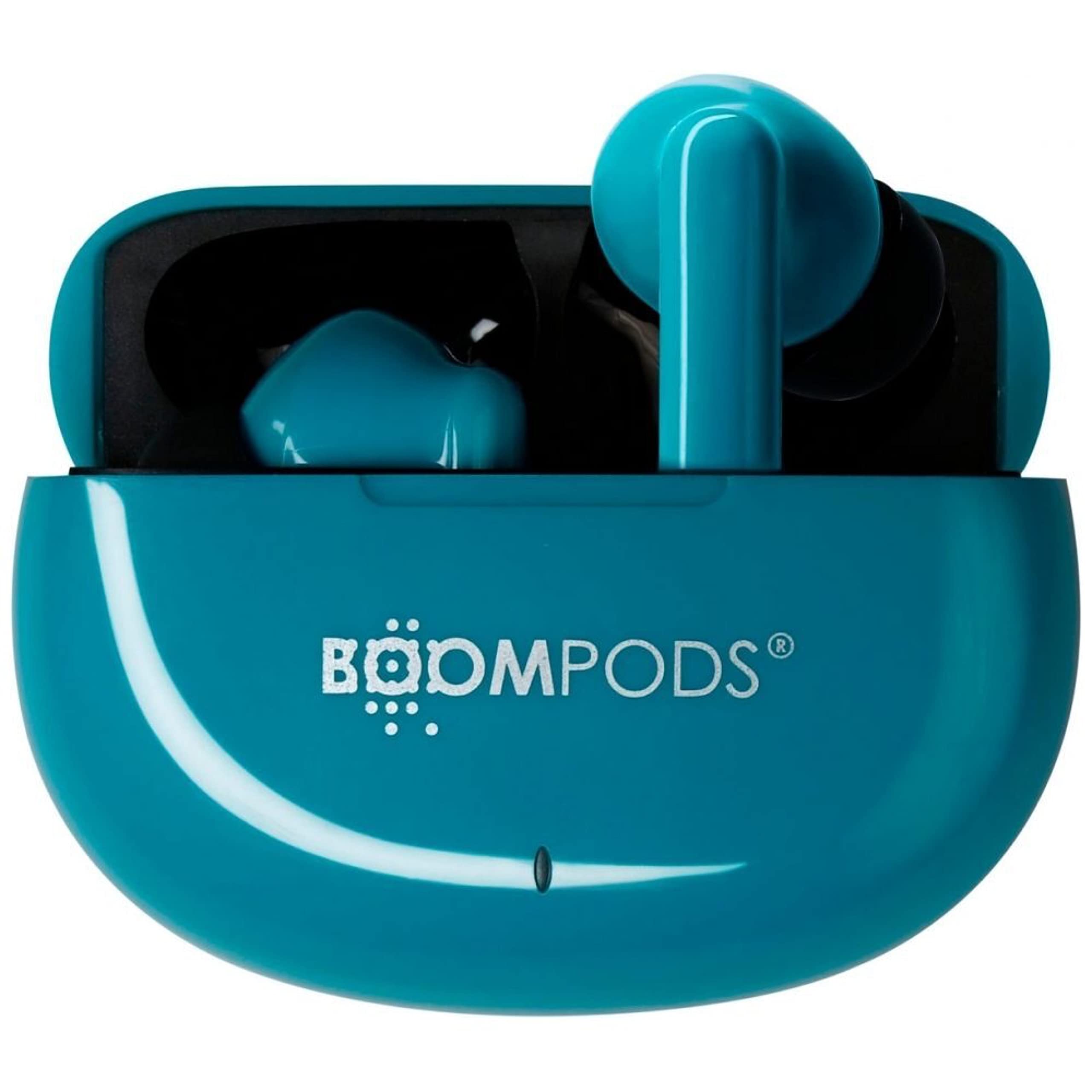 Boompods, Niebieskie słuchawki bezprzewodowe Tide Skim TWS Bluetooth, magnetyczne etui ładujące, wodoodporne/pocenie IPX 4, natychmiastowe połączenie, etui do ładowania z baterią czas 20 godzin