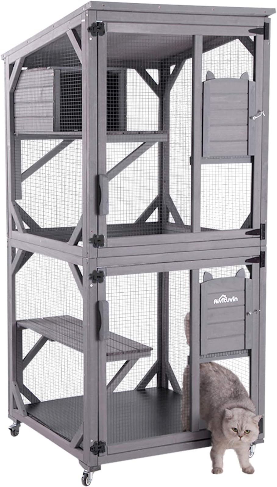 Aivituvin Cat House Outdoor Catio Cat Enclosures on Wheels 70.9" Kitty House with Upgraded Resting Box,Waterproof Roof