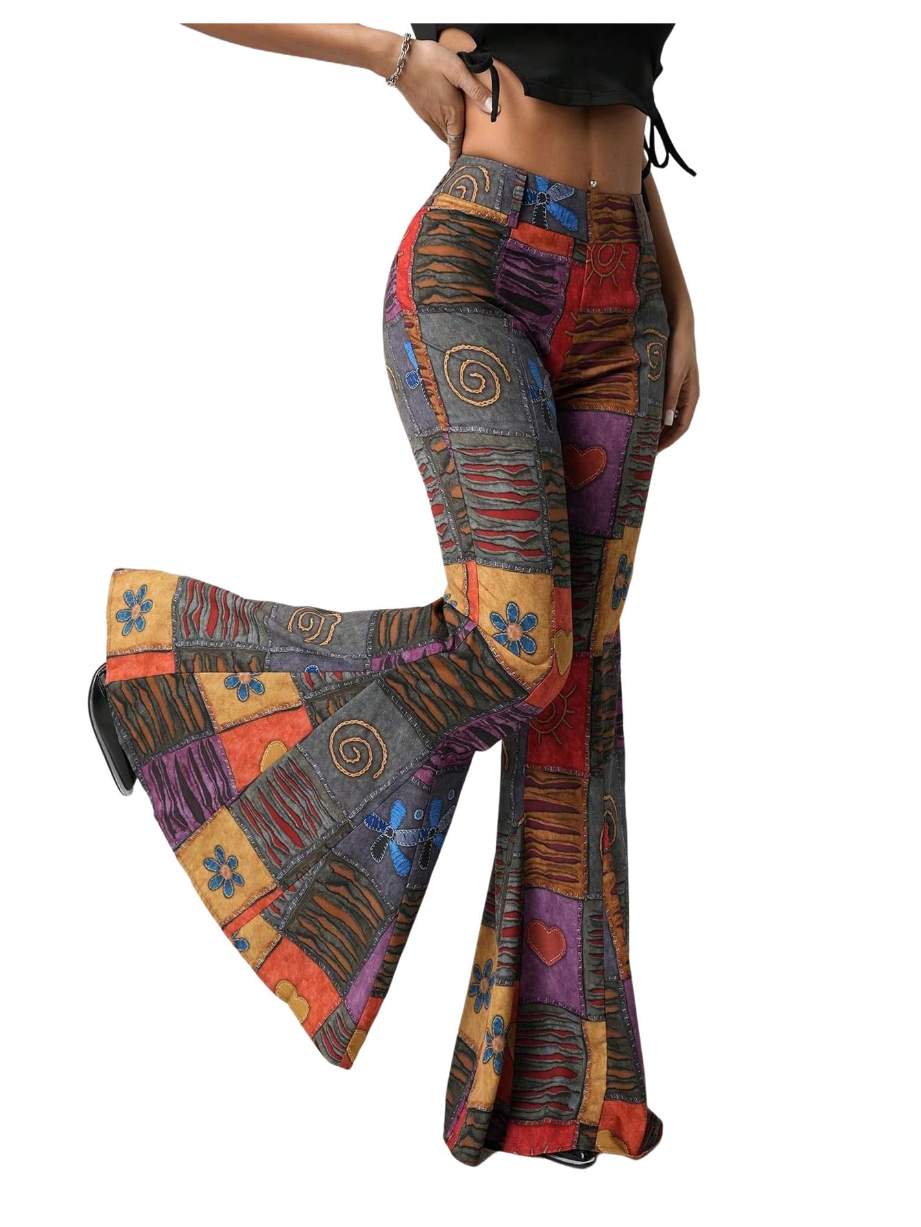 SOLY HUX Womens Retro Bell Bottom Pants High Waisted Printed Skinny Flare Leg Trousers