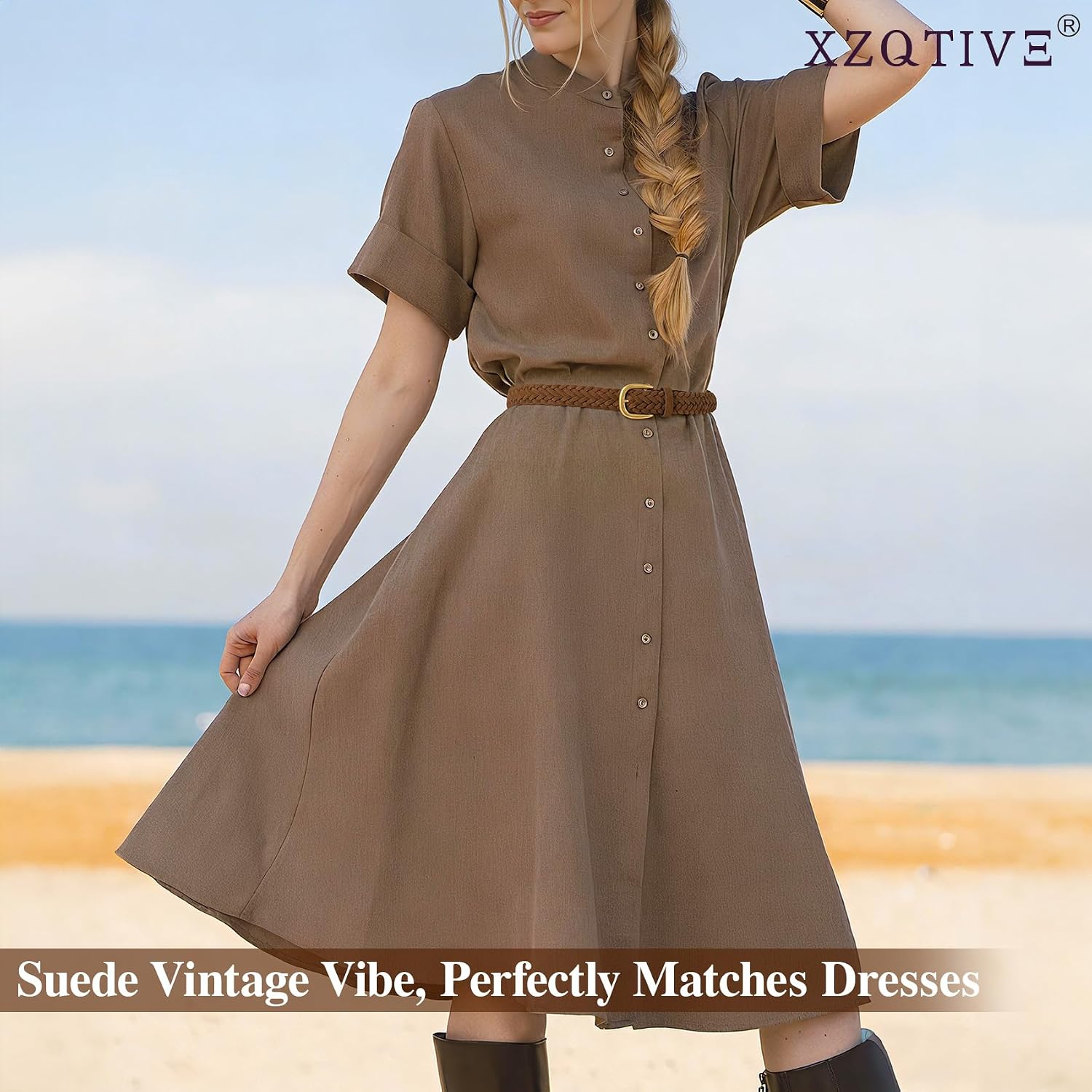 XZQTIVE Women’s Braided Suede Belt – Adjustable Woven Waist Belt with Gold Buckle for Dresses, Jeans & Casual Outfits