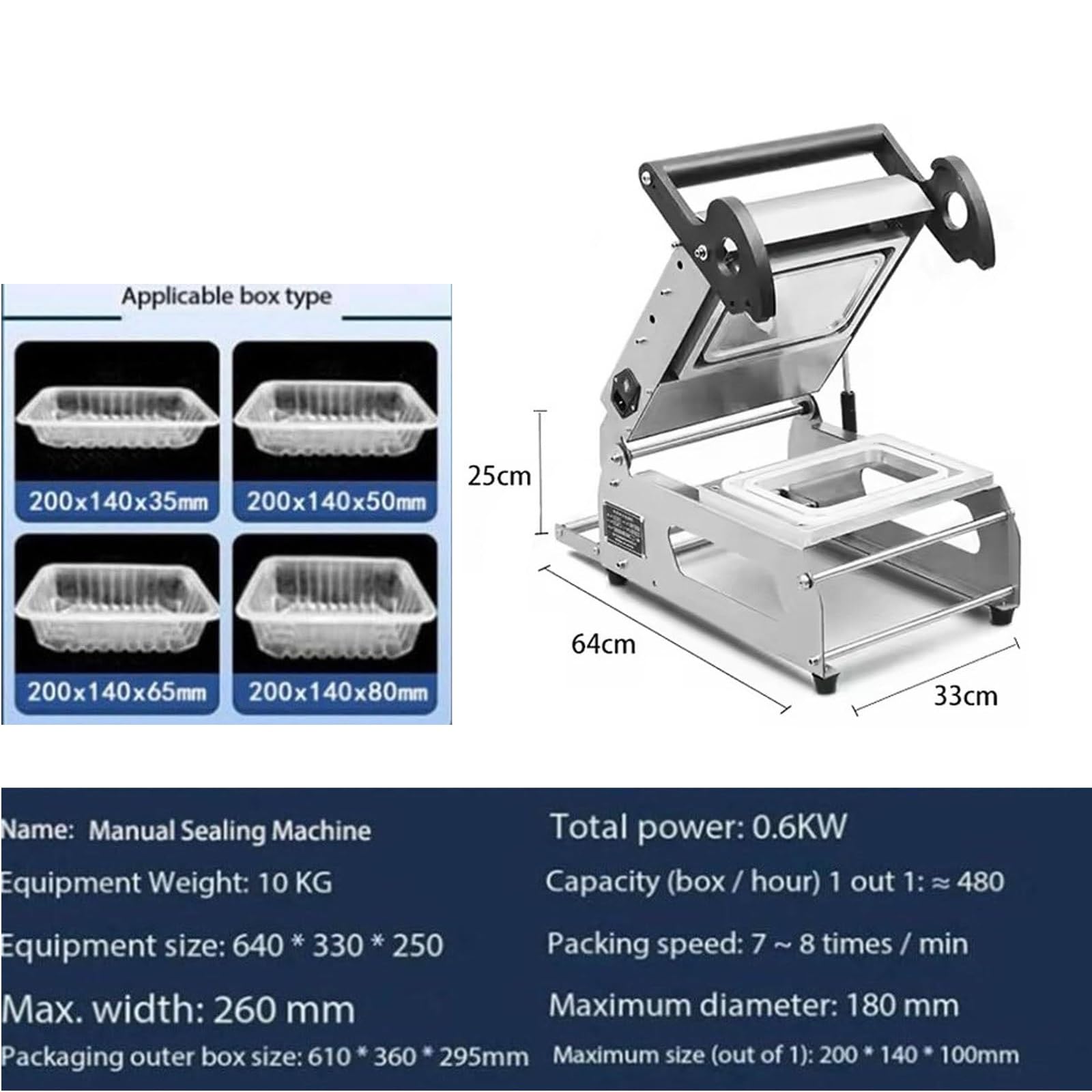 Selladora térmica comercial para bandejas de comida, temperatura ajustable de 0 a 200 °C, 7-8 veces por minuto, máquina envasadora de alimentos a presión manual para cajas de comida para llevar