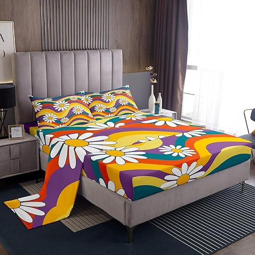 Miniatura 28 de Feelyou Sábanas de Flores Groovy con Bolsillo Profundo Sábana Bajera Ajustable 60S 70S 80S Flores Hippie Bohemias Juego de Sábanas Retro Floral Boho