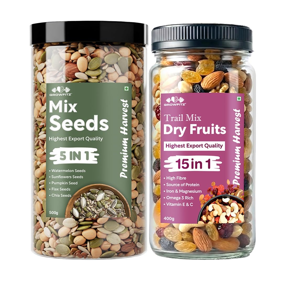 Growfitz Premium Trial Mix Dried Fruit & Seed Mix Combo Pack – 400g Dried Fruits + 500g Seeds | Highest Export Quality | 20.5g Protein & High Dietary Fiber | Healthy Mixed Nuts & Seeds | Reusable Jar