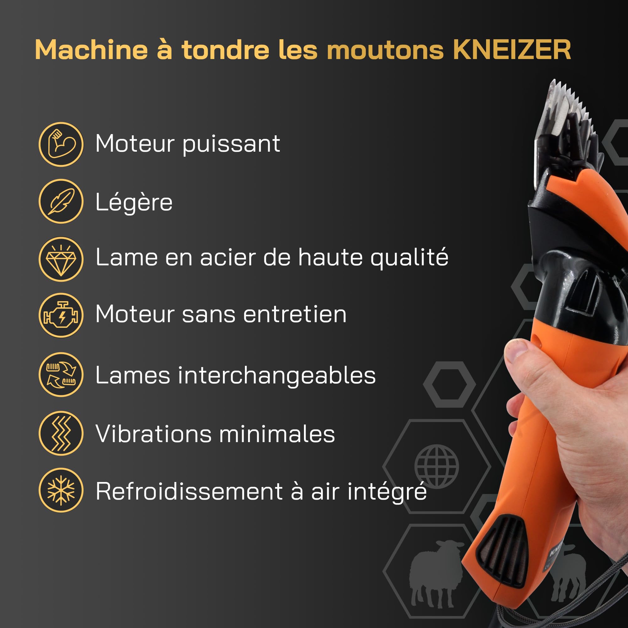 Tondeuse électrique pour moutons - Convient à toutes les races de moutons et à tous les pelages - Lames interchangeables - Moteur puissant - Faible vibration et faible bruit - Sans entretien