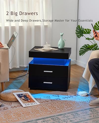 Miniatura 7 de WEENFON Mesitas de noche, mesita de noche LED con estación de carga, mesita de noche con 2 cajones más anchos y profundos, mesita de noche, mesa