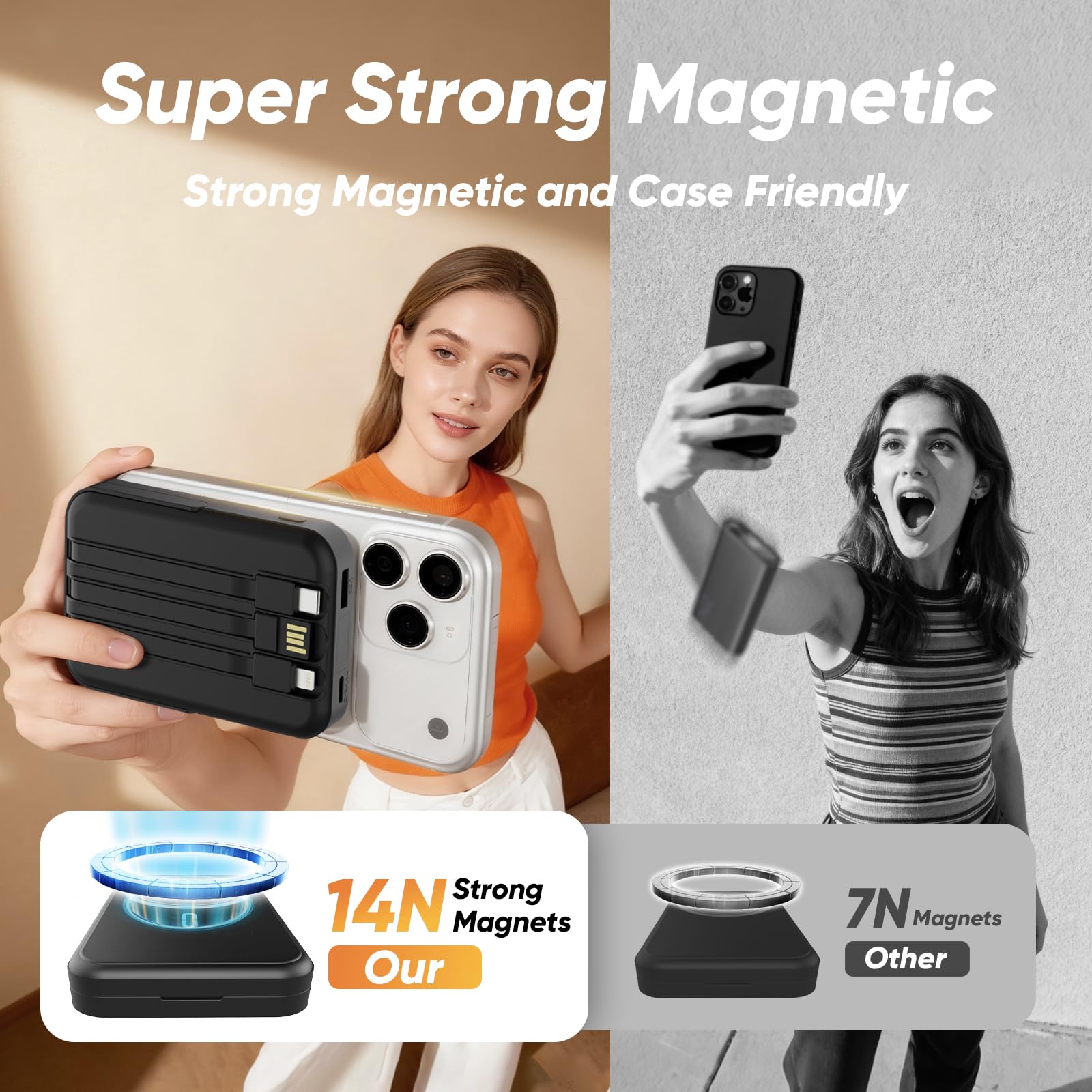 Batería externa de 10000 mAh compatible con MagSafe, cargador portátil magnético con pantalla digital, carga rápida inalámbrica de 15 W, 3 cables integrados, soporte plegable compatible con iPhone 16