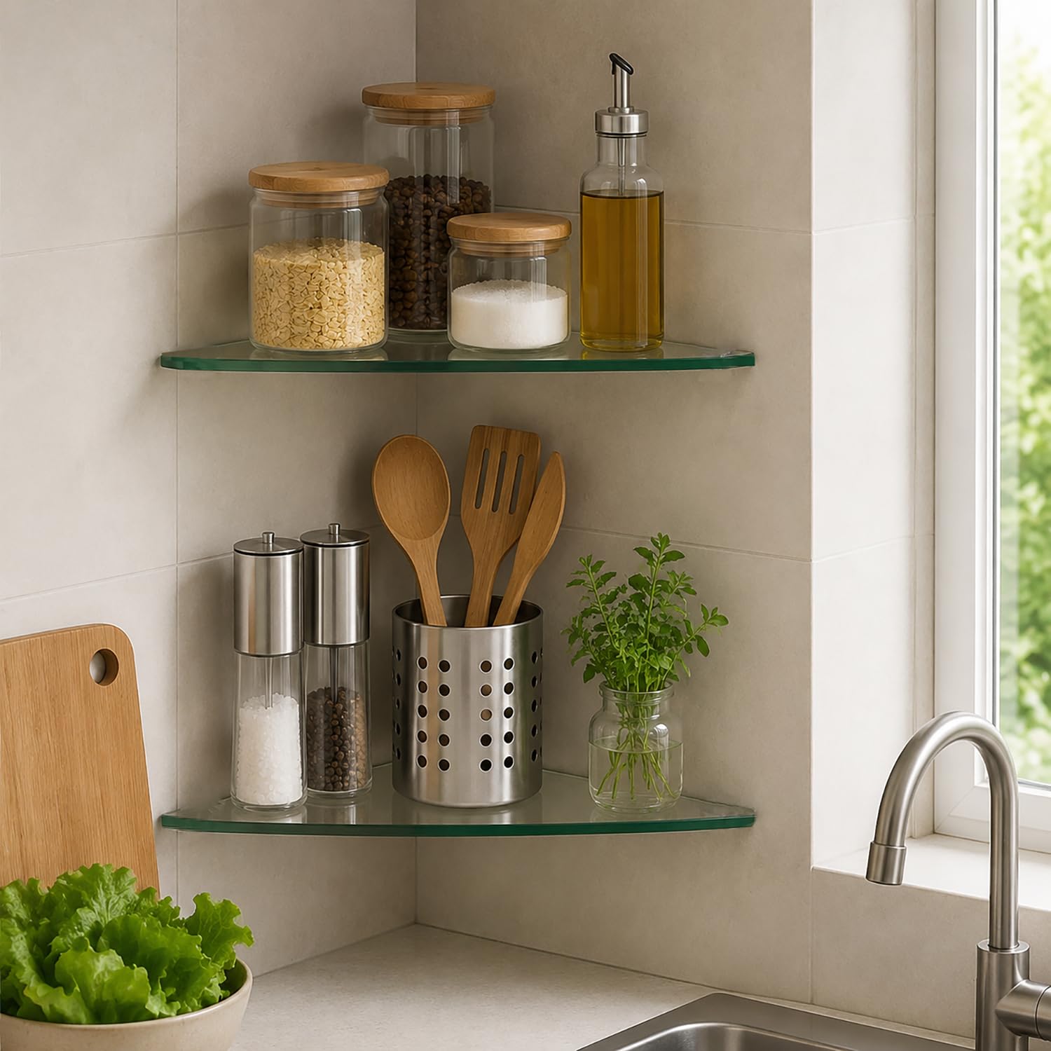 Estantes de vidrio para pared, estante de ducha de esquina para baño, estante de exhibición de vidrio templado con soporte cromado de acero inoxidable para cocina, sala de estar, ducha, baño