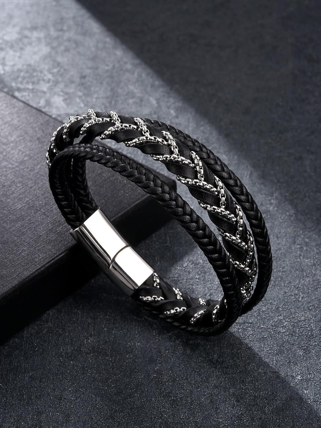 Zysta Mens Leather bracelet Stainless Steel Chain and Black Genuine Leather Bracelet Braided Leather and Silver Chains Multi-Layer Wristband Bangle Personality Leather Bracelet for Men - Image 4