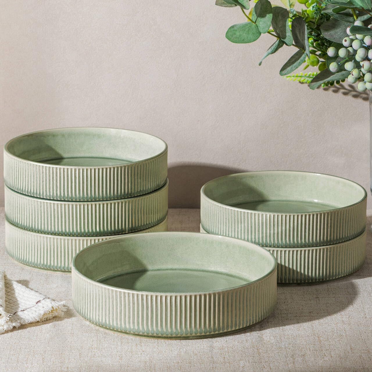 GBhome Pasta Bowls Set of 6, 7.5” Stoneware Dinner & Salad Bowls, Double Reactive Glaze Ceramic Soup Bowls, Stackable, Microwave & Dishwasher Safe, Light Green
