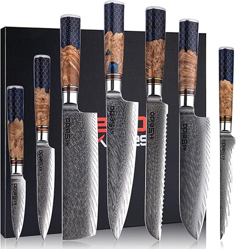SEIDO KNIVES Hanikamu VG10 Damasco - Juego de cuchillos de chef hechos a mano, resina epoxi de panal con asas de madera estabilizadas, duradero y