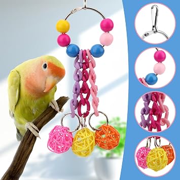 Hypeety Parrot Chew Toys Colourful Balls Hanging SwingToy for Pet Bird Parrot Parakeet Cockatiel Conure African Grey Cockatoo Amazon Budgie Lovebird Cage Chew Toy (A)