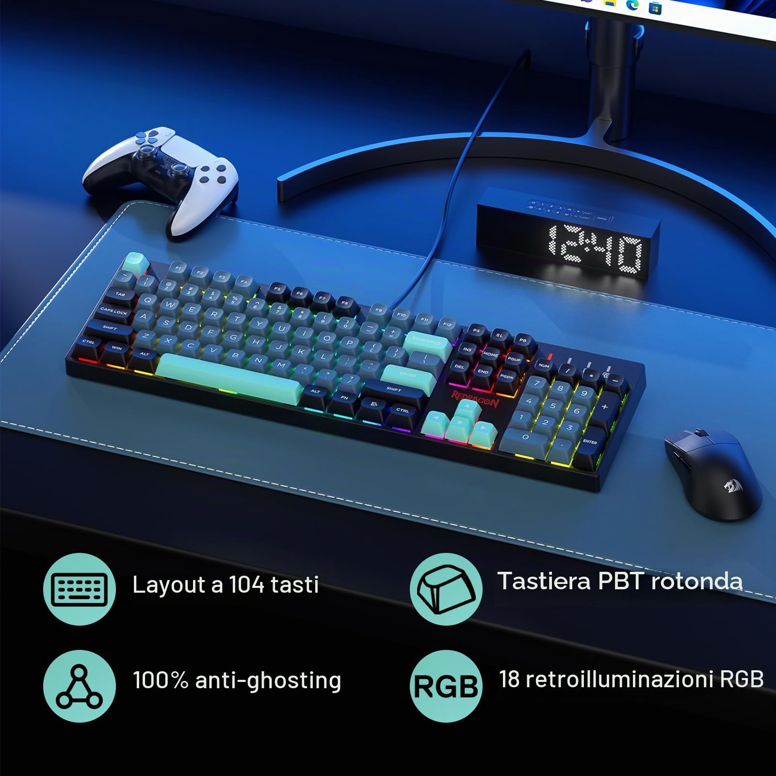 Redragon K582 SE Tastiera Gioco RGB 104 Tasti Hot-Swap PBT US | tastiera gioco RGB cablata 104 tasti meccanica hot-swap migliorata riduzione rumore tasti PBT colori misti US layout