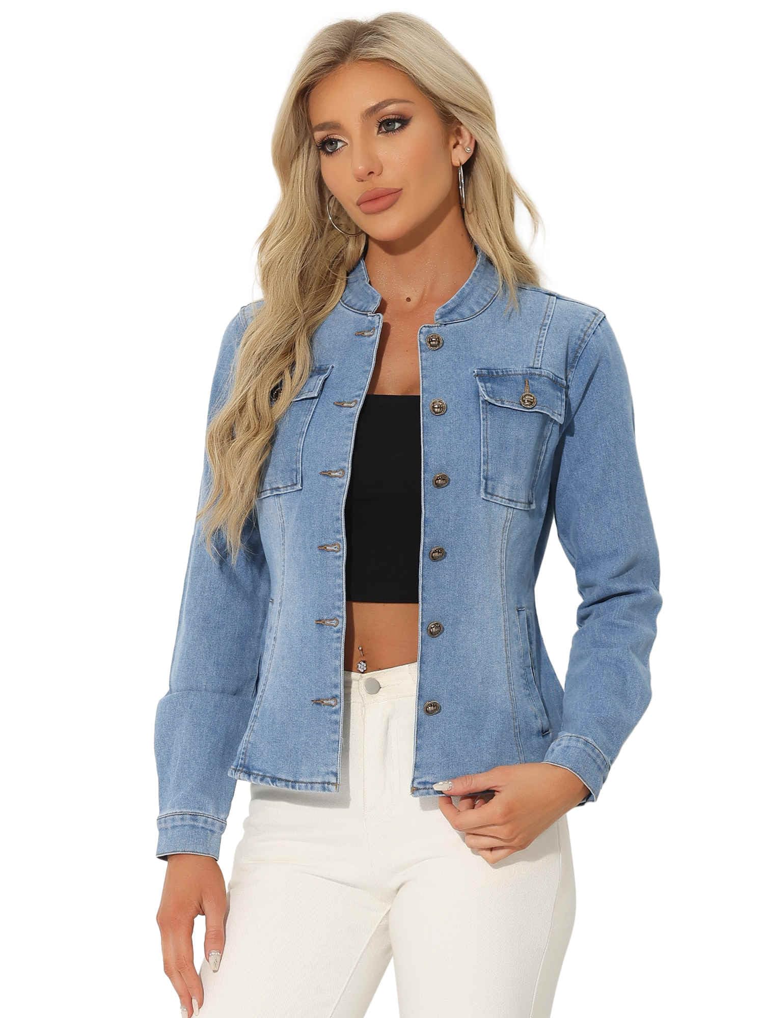 Allegra K Casual Denim Jacket for Women's Classic Stand Collar Long Sleeve Jean Jacket
