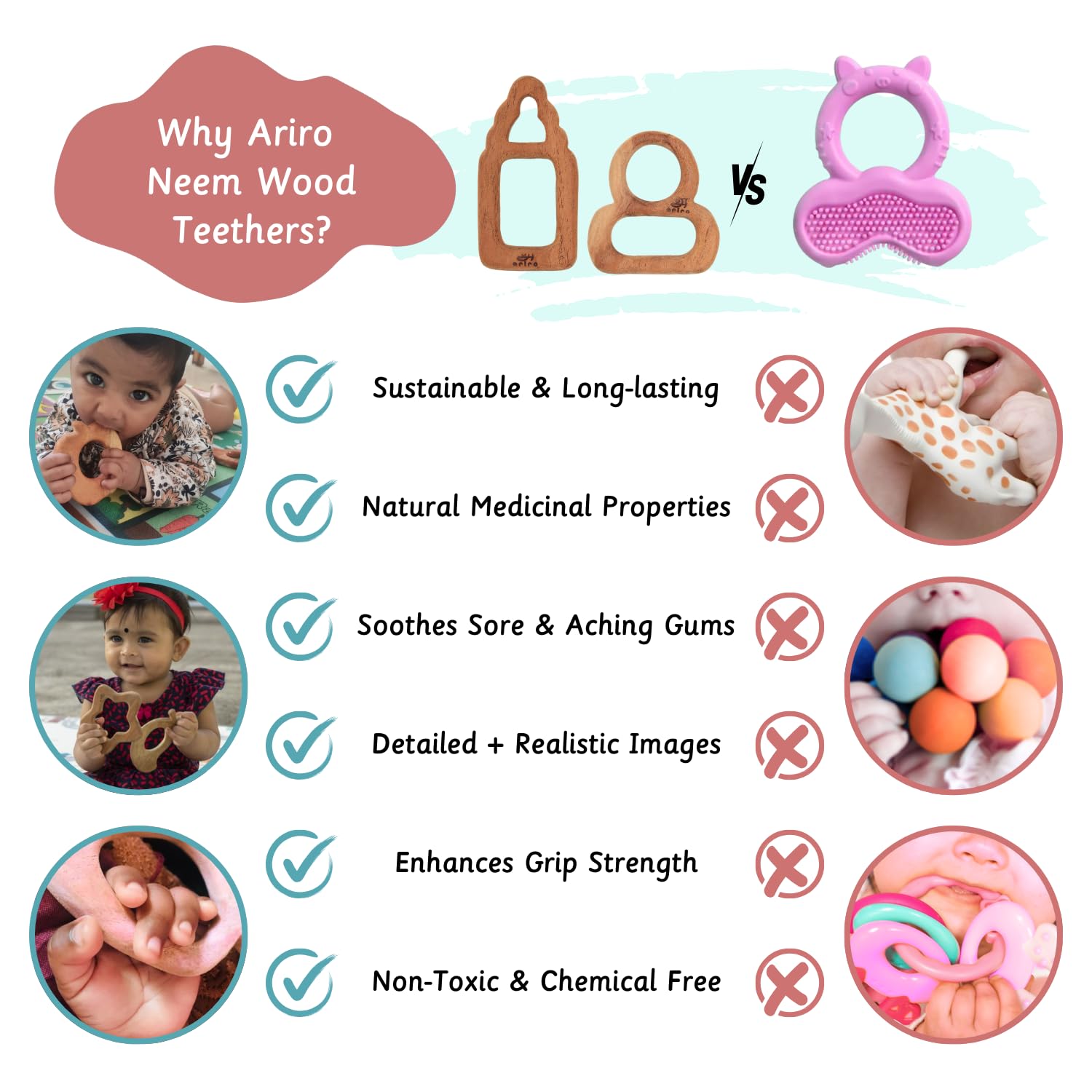 Ariro Wooden Teethers Shaped As Pacifier And Milk Bottle For Baby Boy & Girl|Hand Crafted With Organic Neem Wood That Helps Boost Immunity & Aids In Digestion|Easy To Grasp & Chew,Infant - Image 6 thumbnail