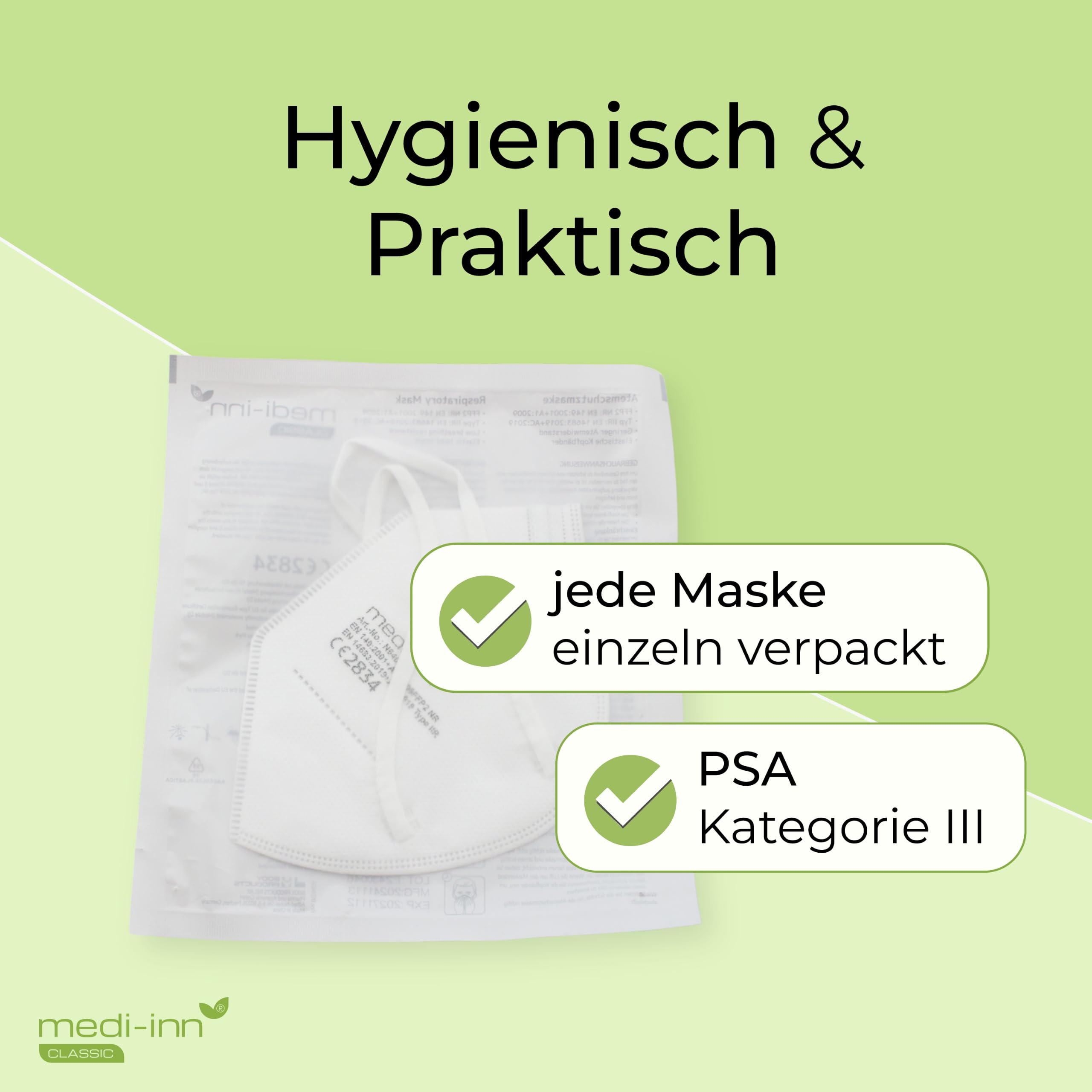 Medi-Inn+ Atemschutzmasken FFP2 NR, Typ IIR, 3-lagig, weiß (10 x 50 = 500 Stück)