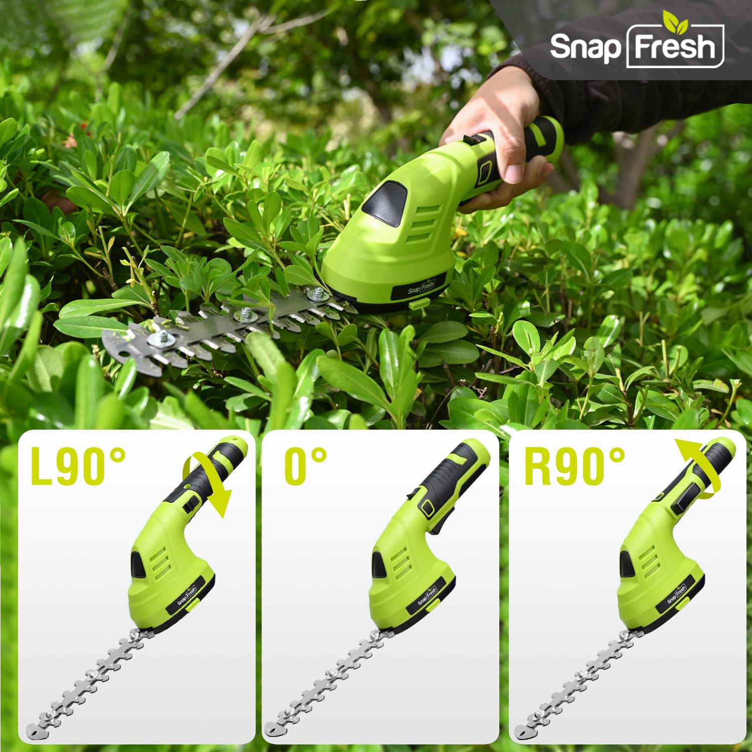 SnapFresh Mini Taille Haie sans Fil 8V Poignée Rotative Cisaille à Gazon avec Batterie 2 Lames CÂBLE USB-C 151mm 98mm