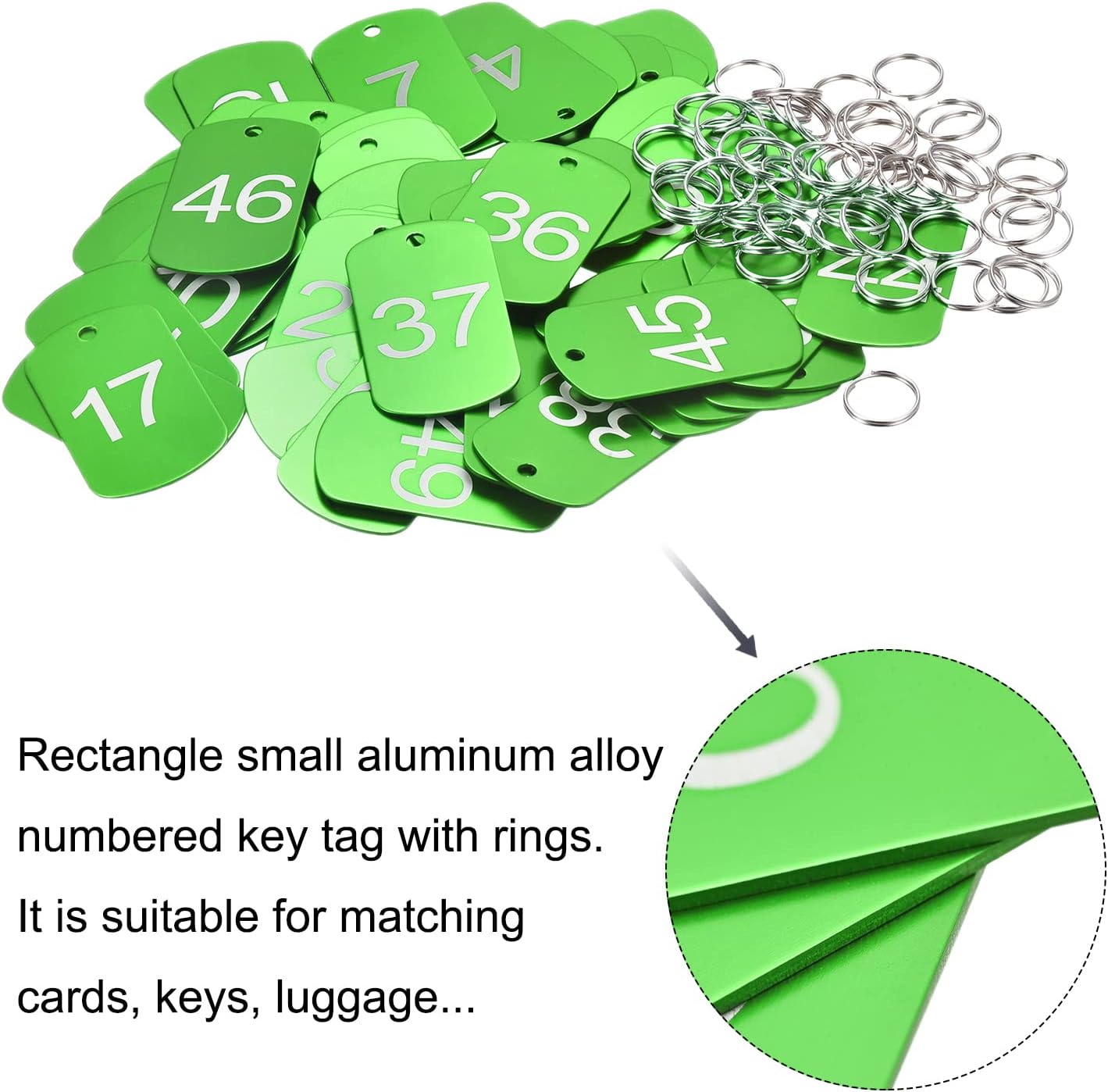 MECCANIXITY Numbered Tag, Aluminum Key Tags Metal ID Tags, 1-50 Number with Ring Green Rectangle for Decoration, Pack of 50