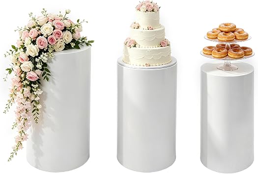 DYRABREST 3 Pcs Cylindrical Display Stands, White Pedestal Stands for Party | ge top platform holds up to 66 lbs, stable structure for displaying cakes, fruits, flowers and party decorations