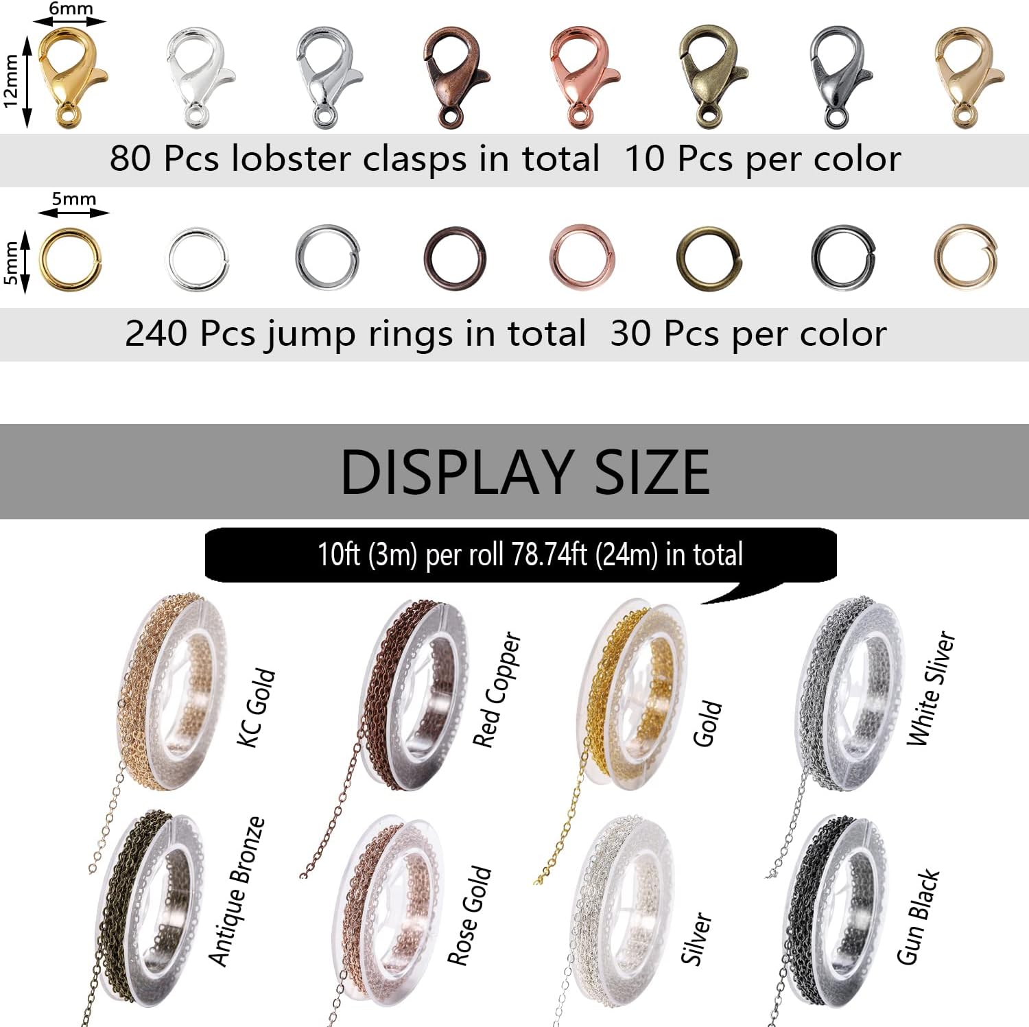 St.Kunkka 78.74 Feet/24M Jewelry Making Chain Kit, Link Cable Chain Roll 2mm with 240Pcs Jump Rings and 80Pcs Lobster Clasps in 8 Colors for DIY Necklace Earring and Bracelet Crafts - Image 2
