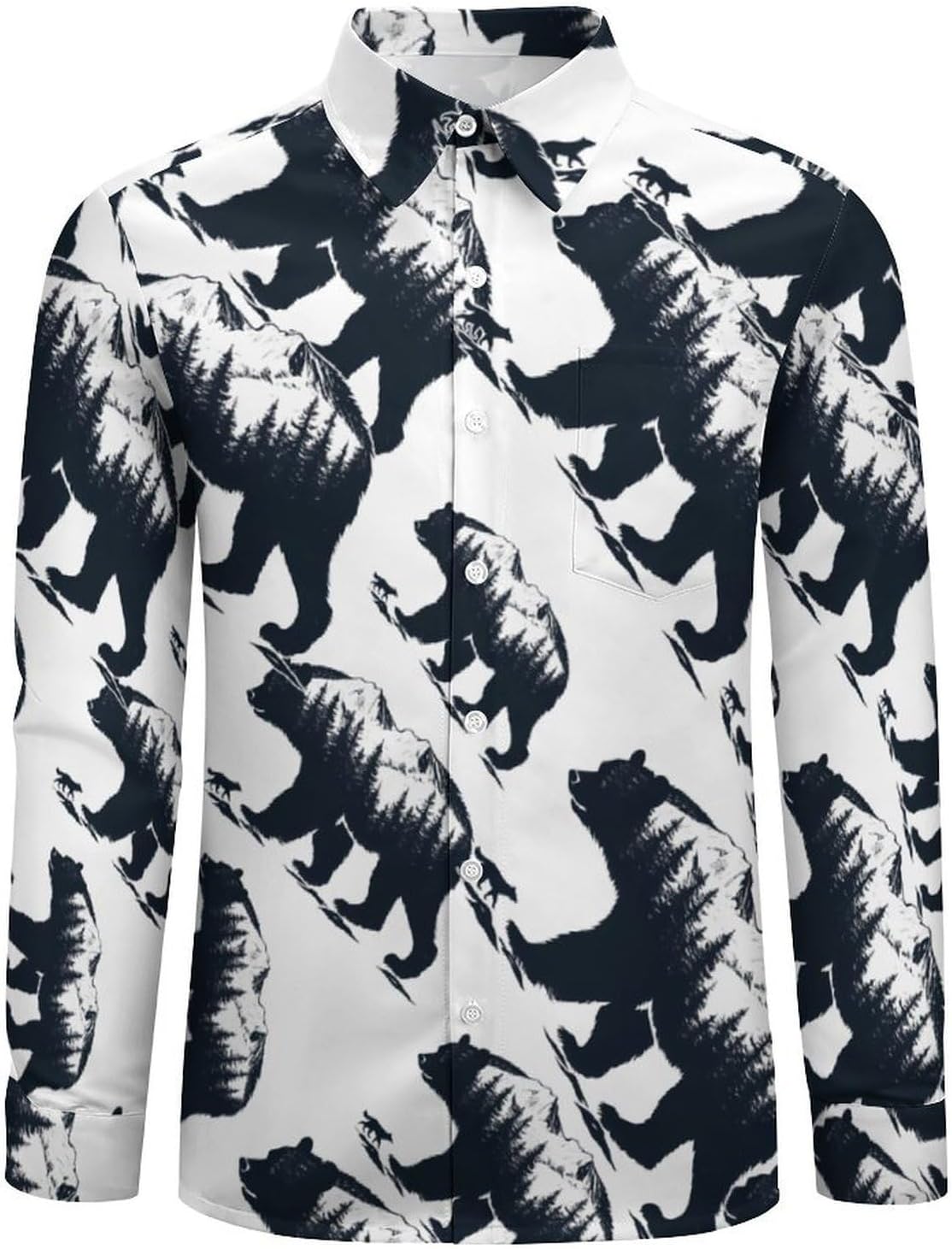 Bear And Wolf in Mountains Long Sleeve Shirts Casual Dress Shirt Button-down T-shirts for Men
