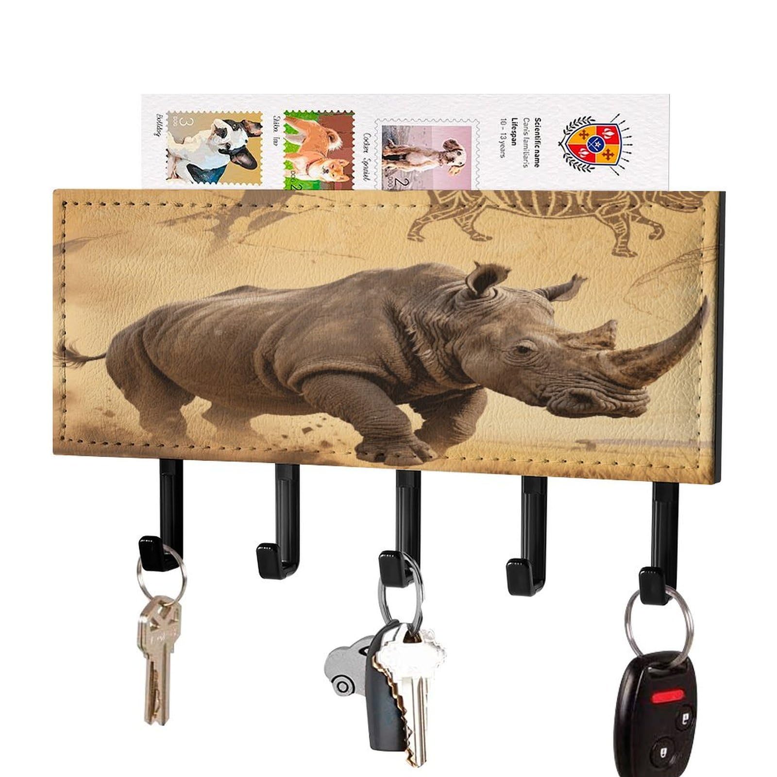FekiLoot Rhino Key Holder for Wall Decorative Mail Organizer with 5 Key Hook Self Adhesive Key Rack with Tray Coat Rack Wall Mount Key Hanger Decor for Entryway Door