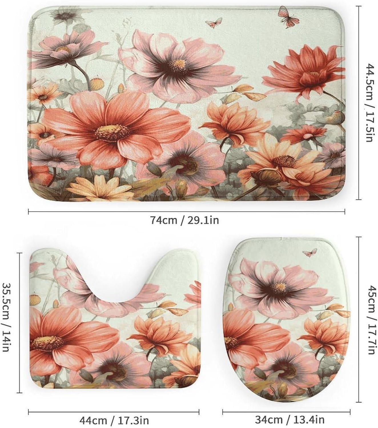 Flower Floral 4Pcs Shower Curtain Set with Non-Slip Rugs, Toilet Lid Cover and Bath Mat,Bathroom Set Decor Accessories,Curtain Set with 12 Hooks, 72 X 72 Inch
