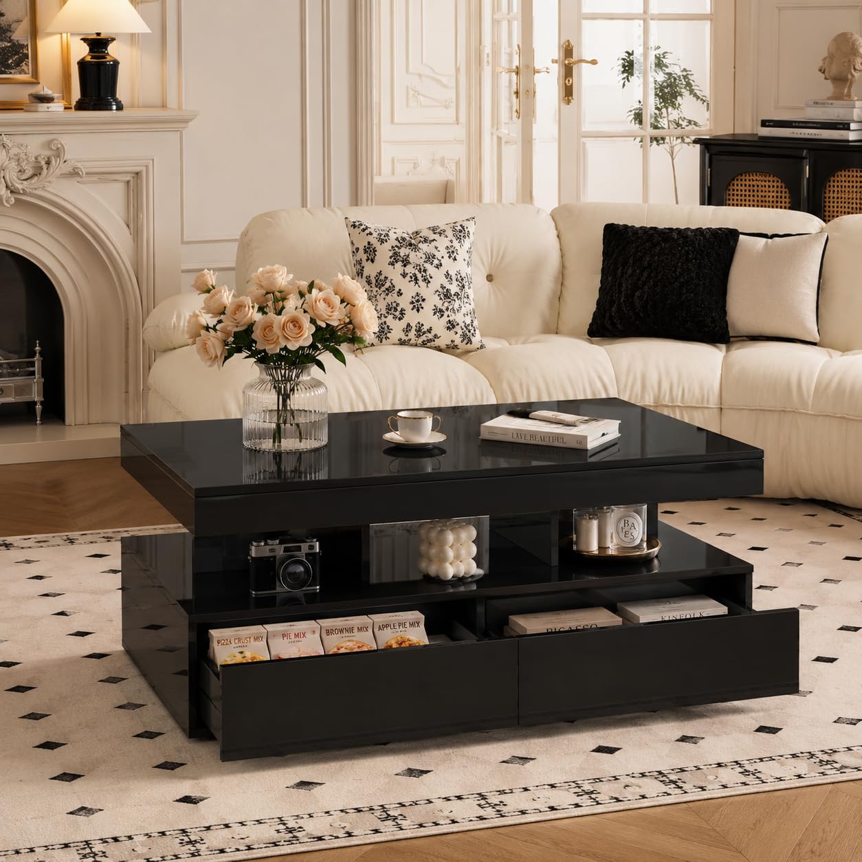 OLIVIBED Rectangle Coffee Table with Drawers, Tea Table with Open Shelf and Storage Space, Modern Centre Table for Small Space/Living Room/Bedroom, High-gloss Black