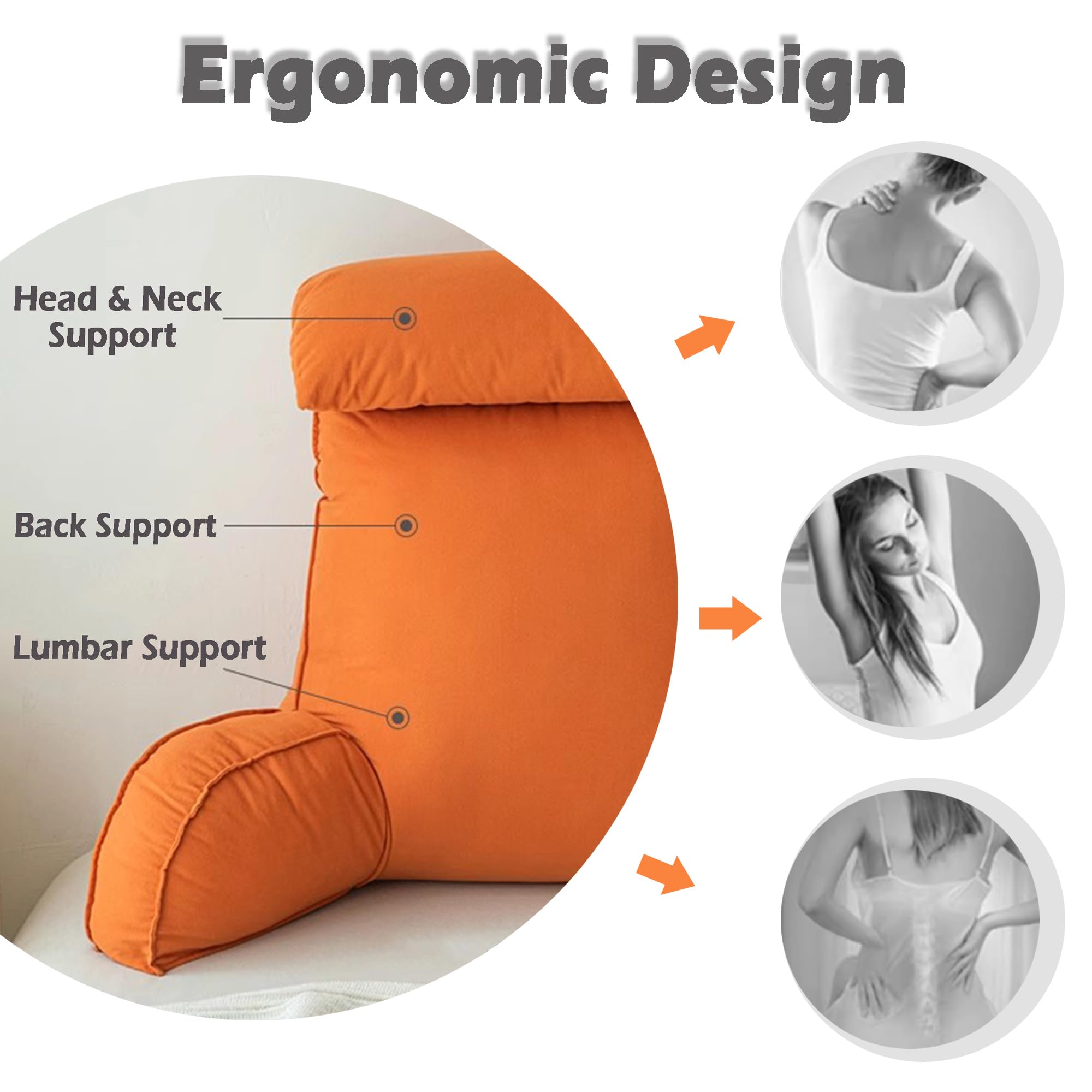 Cuscino da lettura per divano e letto, cuscino di supporto per braccioli lombari, 75 x 40 x 55 cm, arancione, perfetto per leggere e rilassarsi a casa