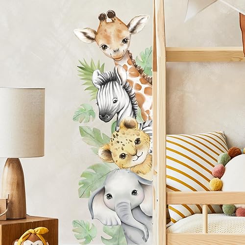 Miniatura 28 de Calcomanías de pared de animales de acuarela de 56.29 x 44.88 pulgadas, calcomanías de animales de selva, tigre, elefante, cebra, jirafa, mono