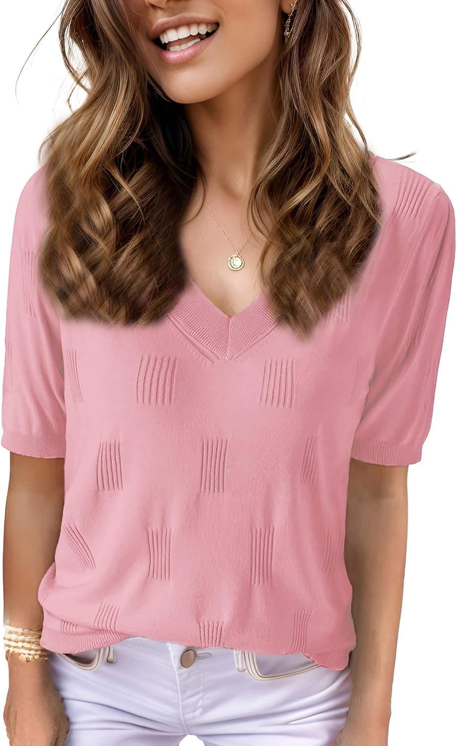 Womens Tops 2025 Spring Summer Short Sleeve V Neck Sweaters Trendy Dressy Casual Blouse Lightweight Knit Shirts