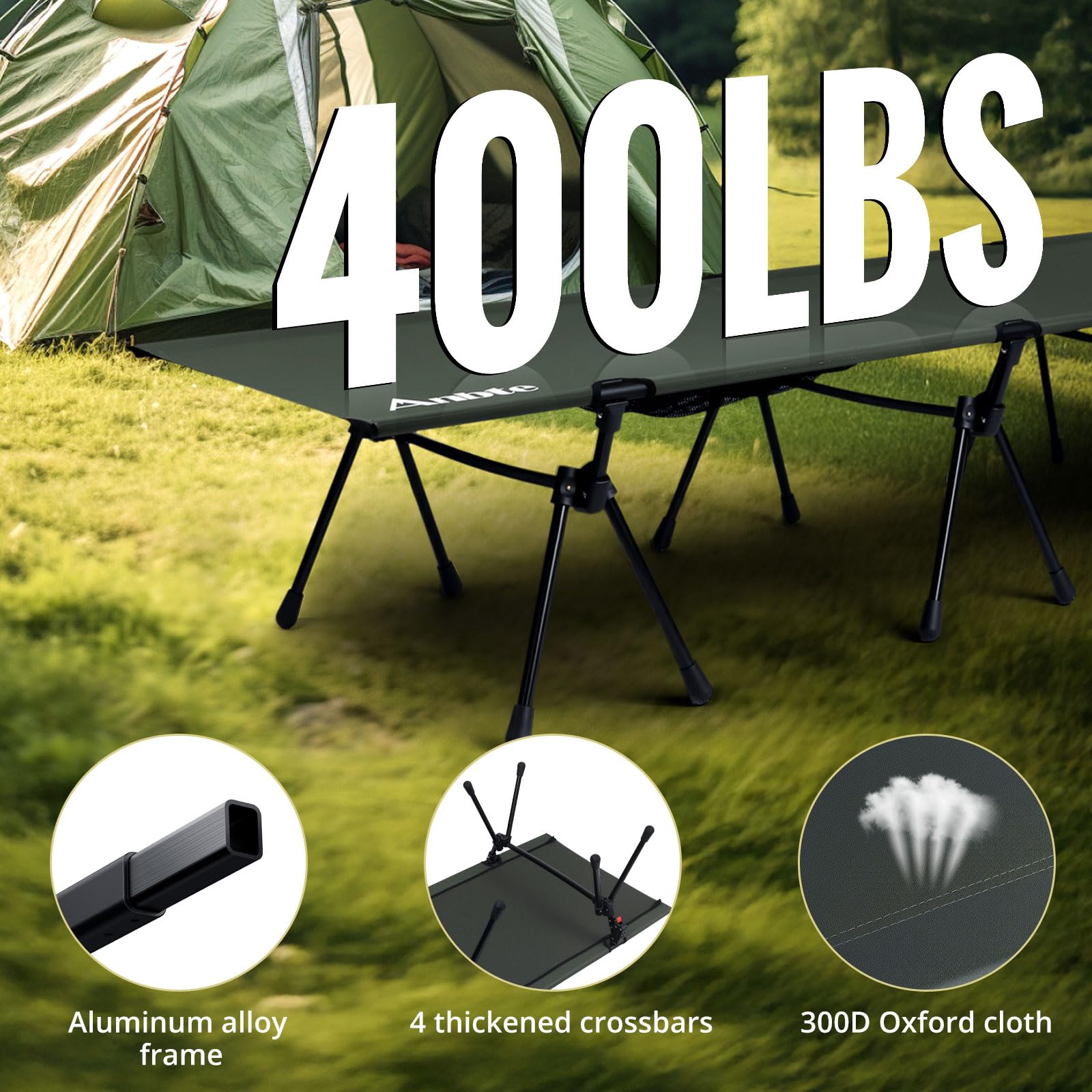 Anbte Campingbett Höhenverstellbar 190x70x[16/42] cm Feldbett bis 180kg Tragfähigkeit mit Tragetasche Bequemes Kinderbett Ultraleicht Klappbett für Reisen Strand Garten Büro (Grün)