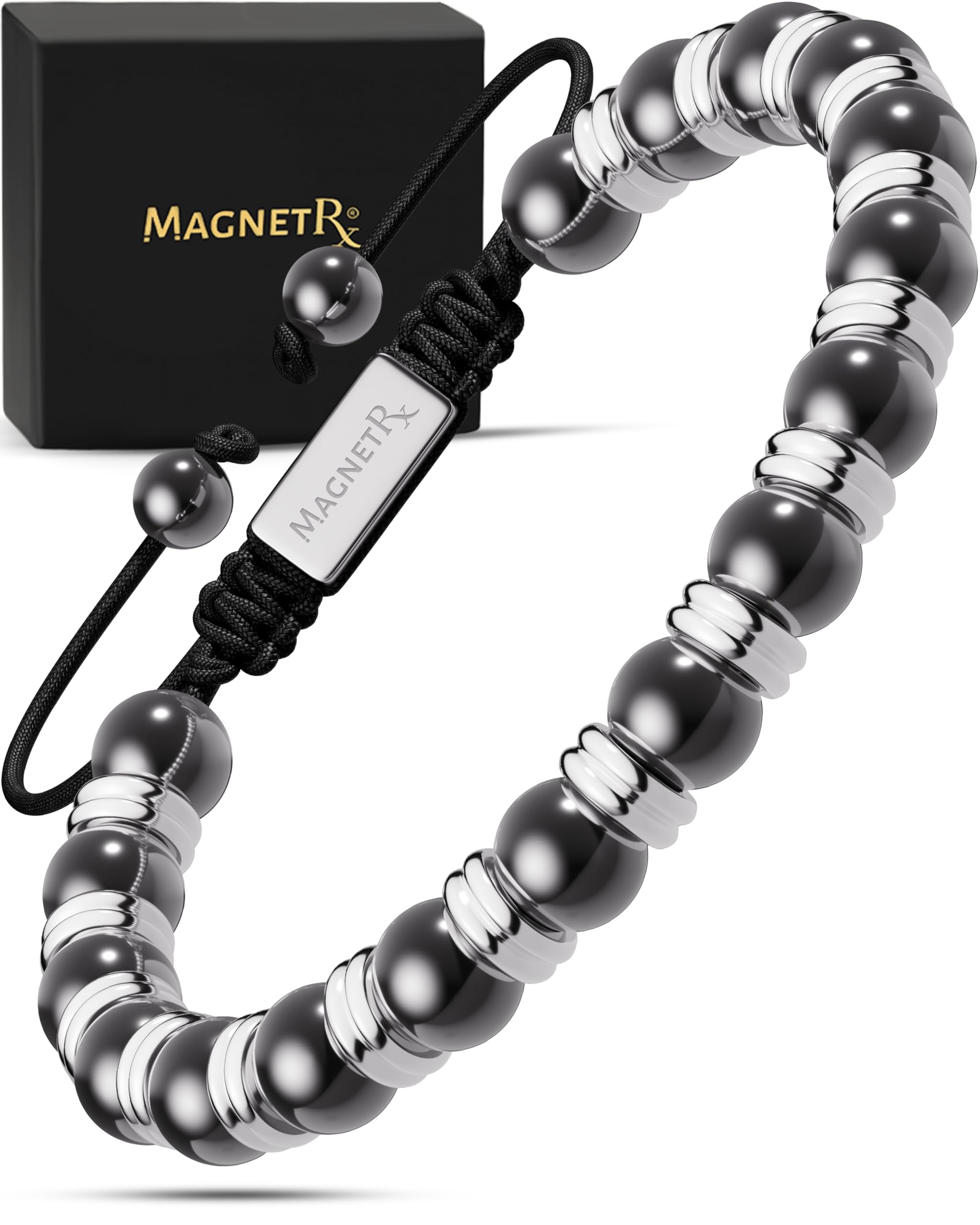 MagnetRX® Magnetic Hematite Bracelet - Max Strength Magnet Stones - Beaded Magnetic Bracelets for Men and Women (Silver Titan 8mm Bead)