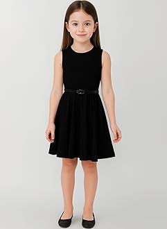 Girls Plain Skater Dress Party Fashion Summer Dresses Round Neck Sleeveless Flared Lightweight Dress with Free Belt Age 5-13 Years
