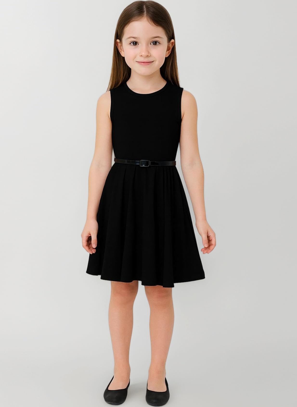 Girls Plain Skater Dress Party Fashion Summer Dresses Round Neck Sleeveless Flared Lightweight Dress with Free Belt Age 5-13 Years