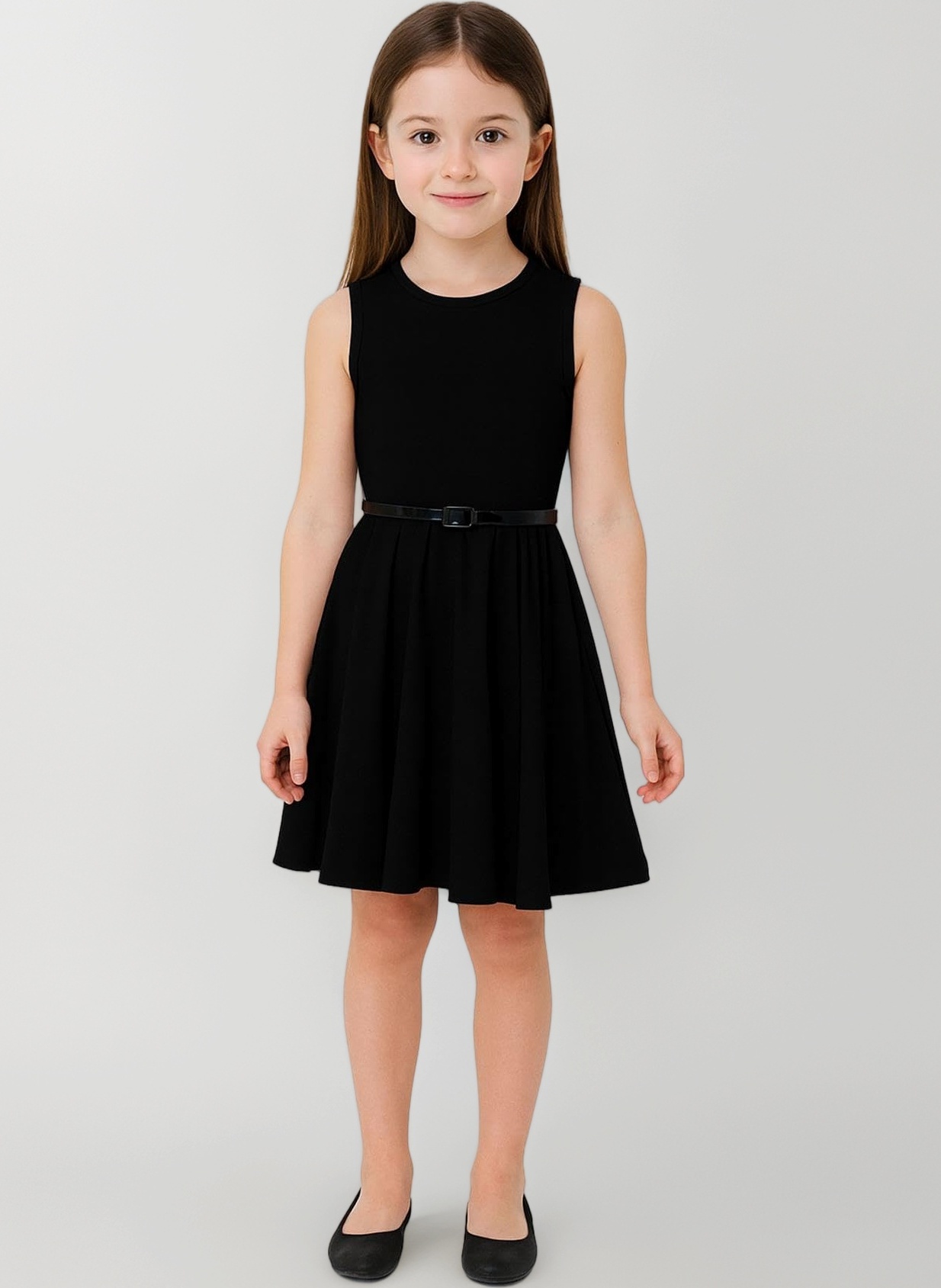 Girls Plain Skater Dress Party Fashion Summer Dresses Round Neck Sleeveless Flared Lightweight Dress with Free Belt Age 5-13 Years