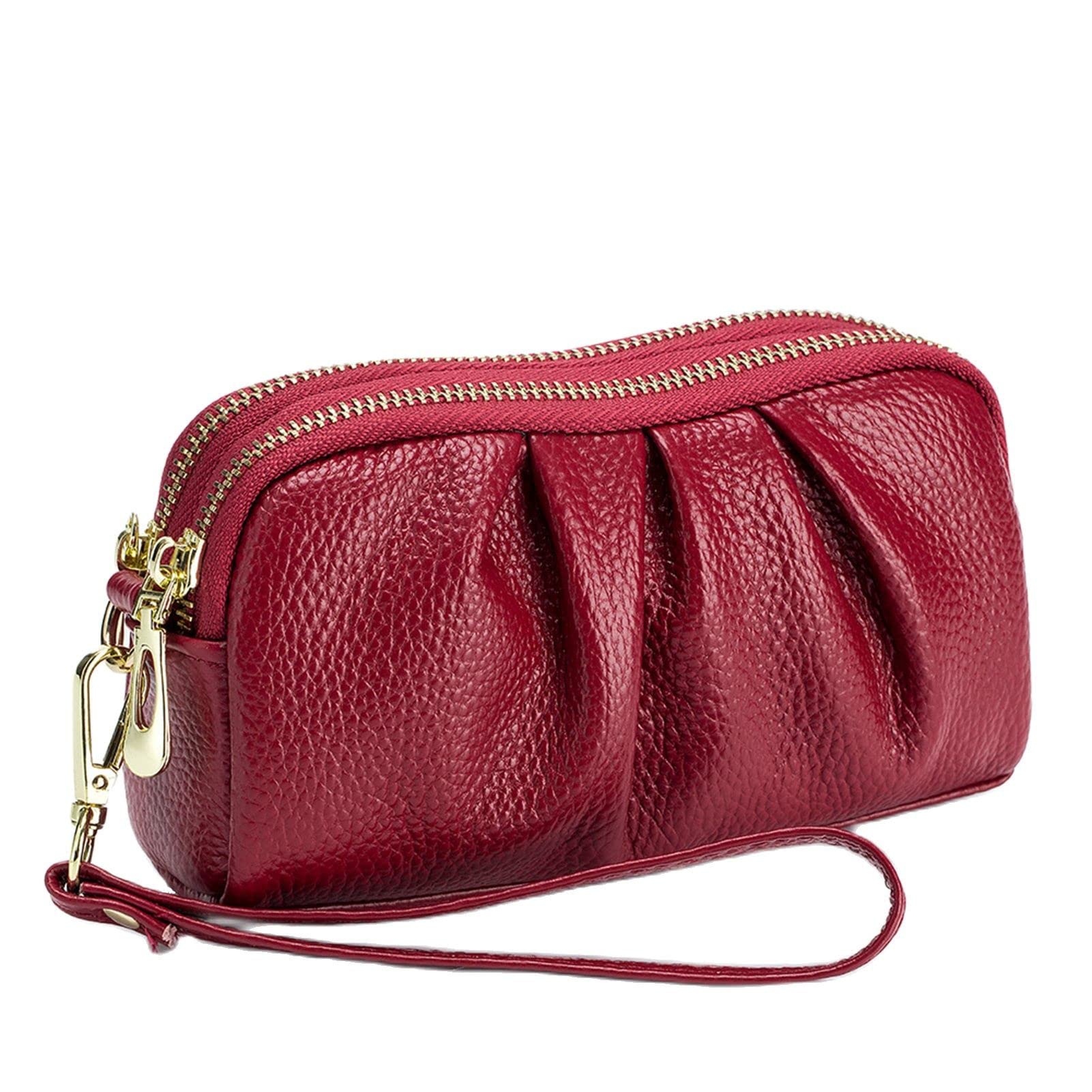 Yizelli Women's Pleated Leather Wristlet Clutch Bag Double Layer Zipper Purse Cell Phone Wallet