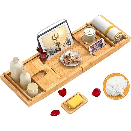 Domax Bathtub Caddy Tray Expandable Bamboo Tub Tray for Luxury Bath with Book Holder and Free Soap Dish Yellow
