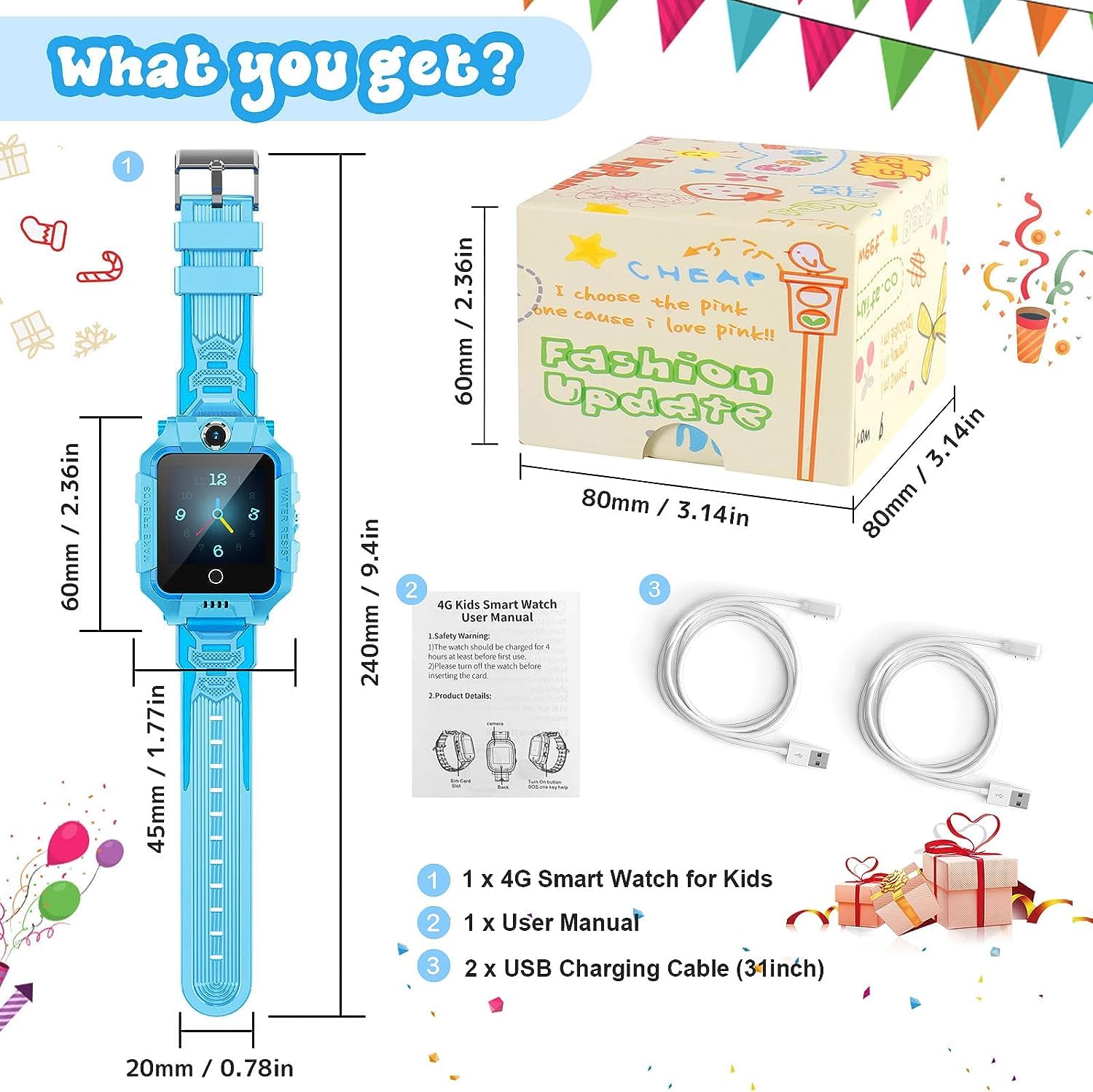OKYUK 4G-smartwatch voor kinderen, jongens- en meisjeshorloge met GPS- tracker, 2-weg oproep, spraak- en videochat, SOS-wifi, modieuze smartwatch voor studentenverjaardagen