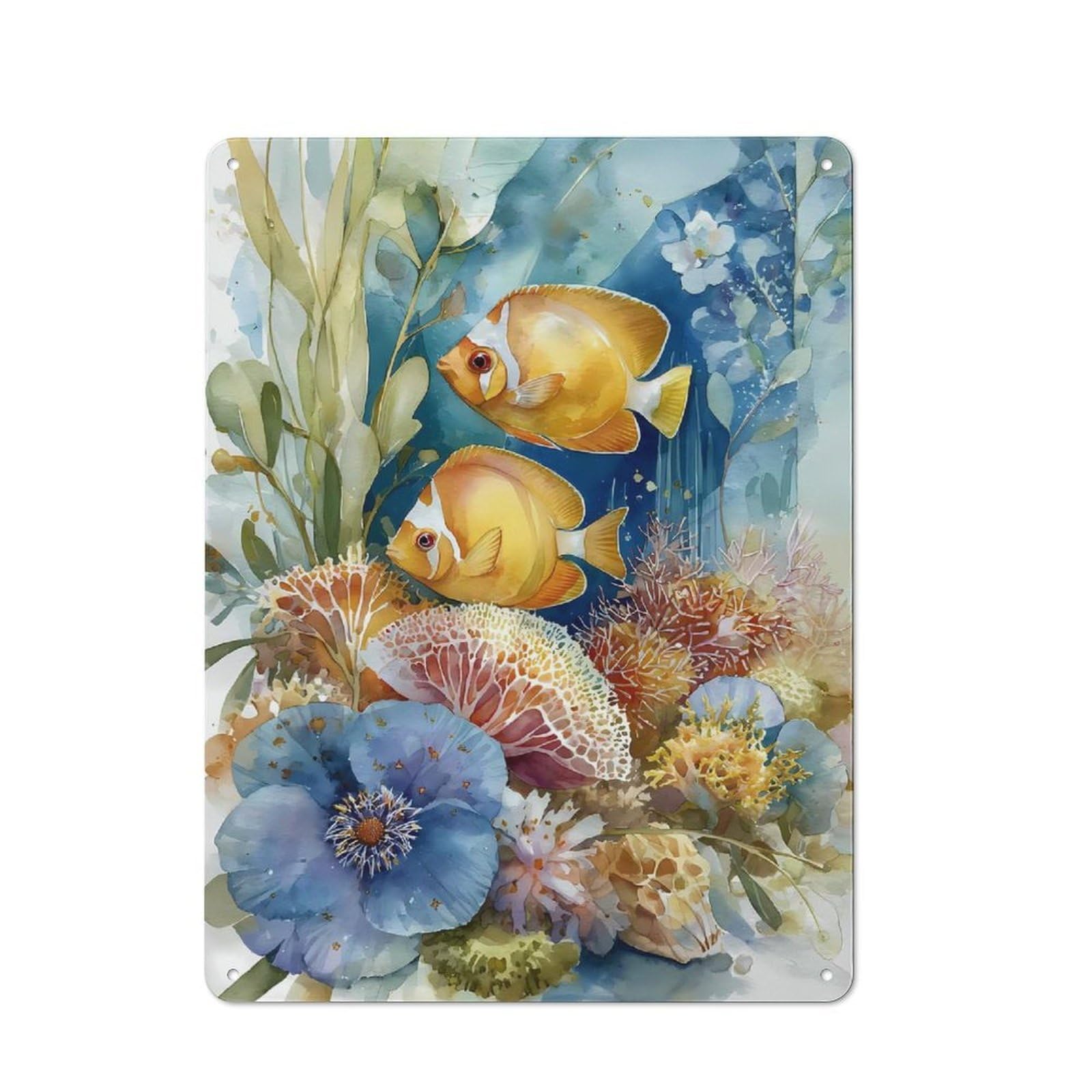 Junmoney Style-3 40X30cm Retro Metal Sign With Watercolor Fish And Coral Reef Art For Home Office Or Studio, Suited To Wall Displays In Home Offices And Studios