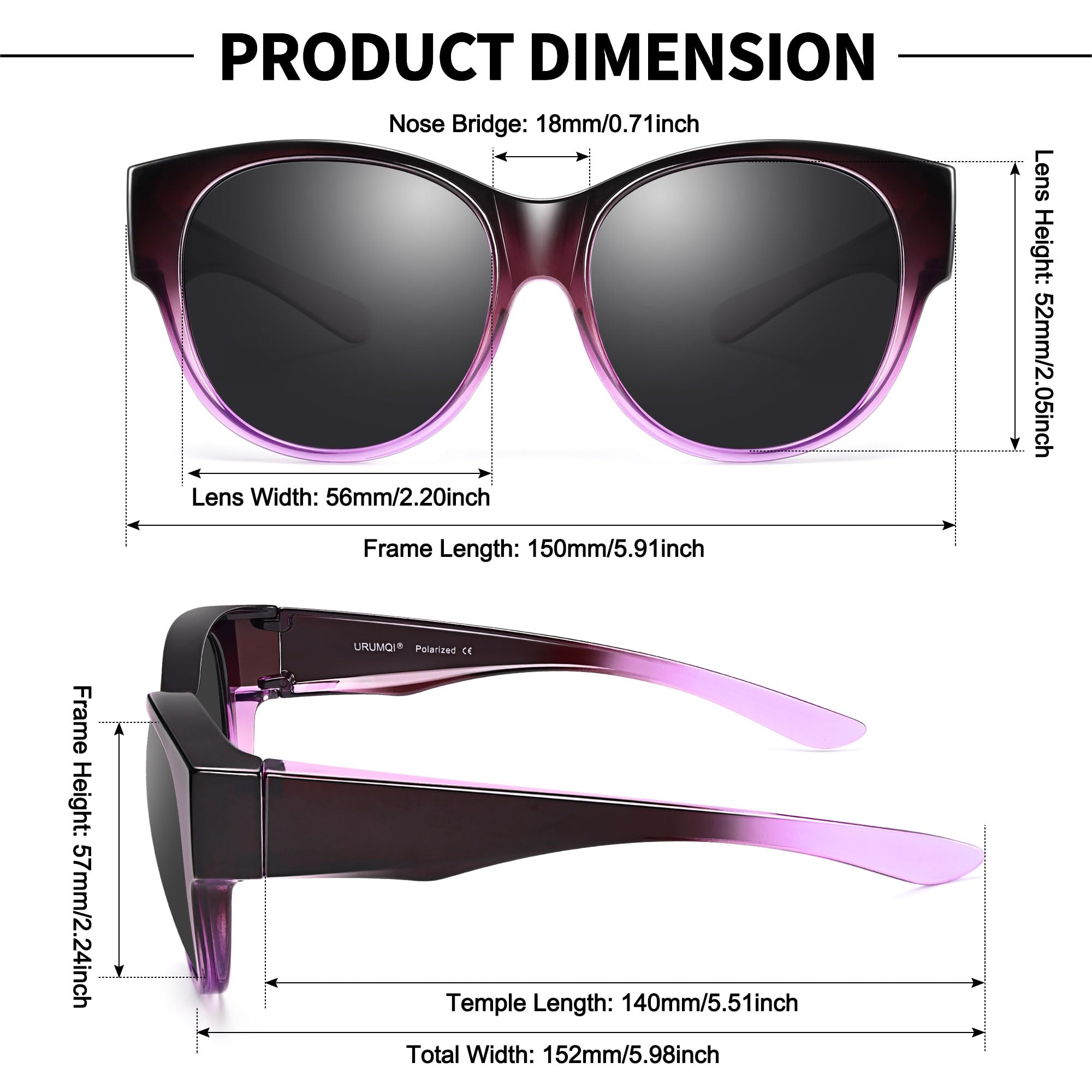 URUMQI Überzieh Sonnenbrille für Brillenträger Damen UV400 Schutz Blendschutz Polarisierte Sonnenbrille Fit over Brille Ultra Leicht Rundes Katzenauge Lila Rahmen